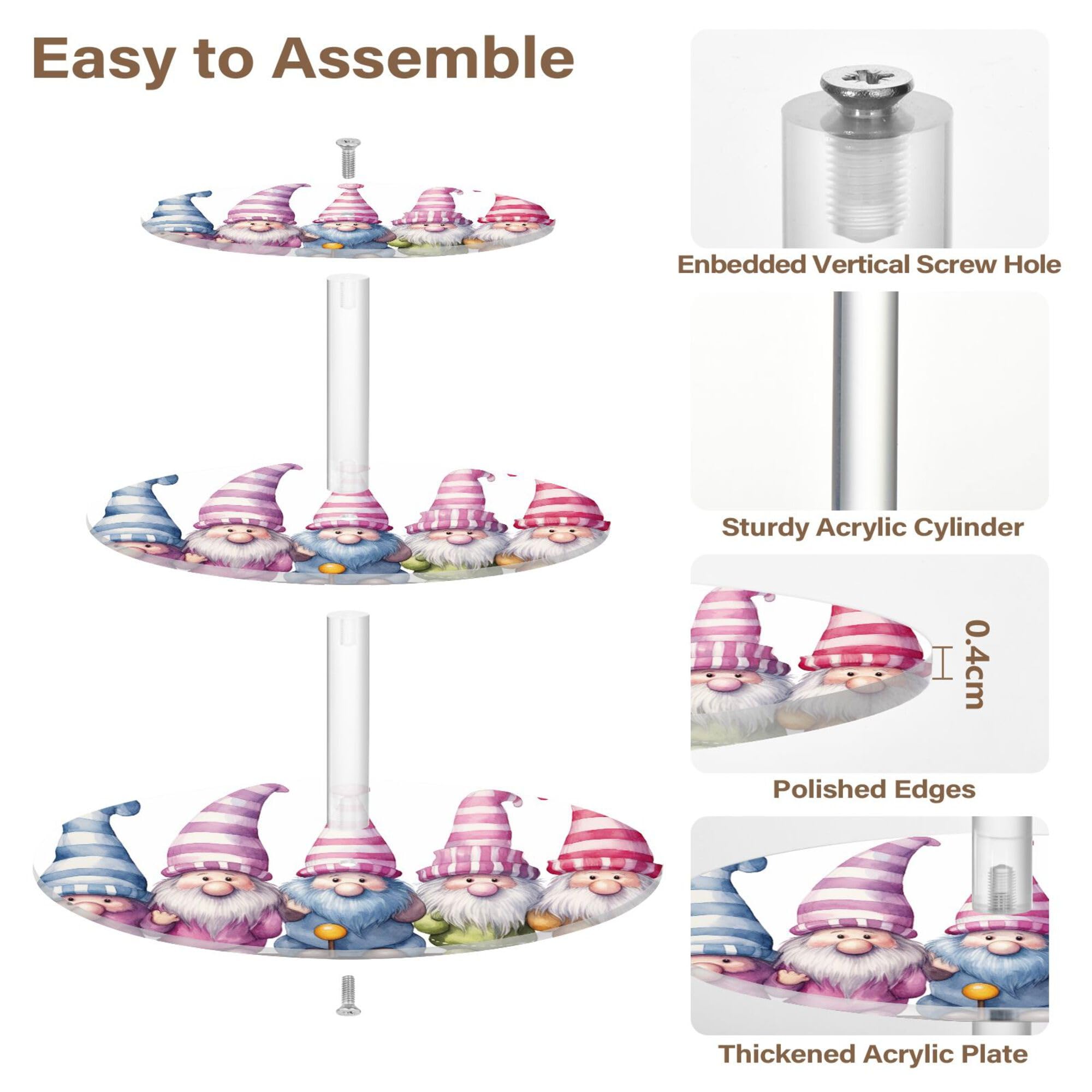 PYBUG Cute Gnome 3 Tier Acrylic Cupcake Stands Tower,Dessert Table Display Set for Tea Party,Wedding,Birthday, Baby Shower