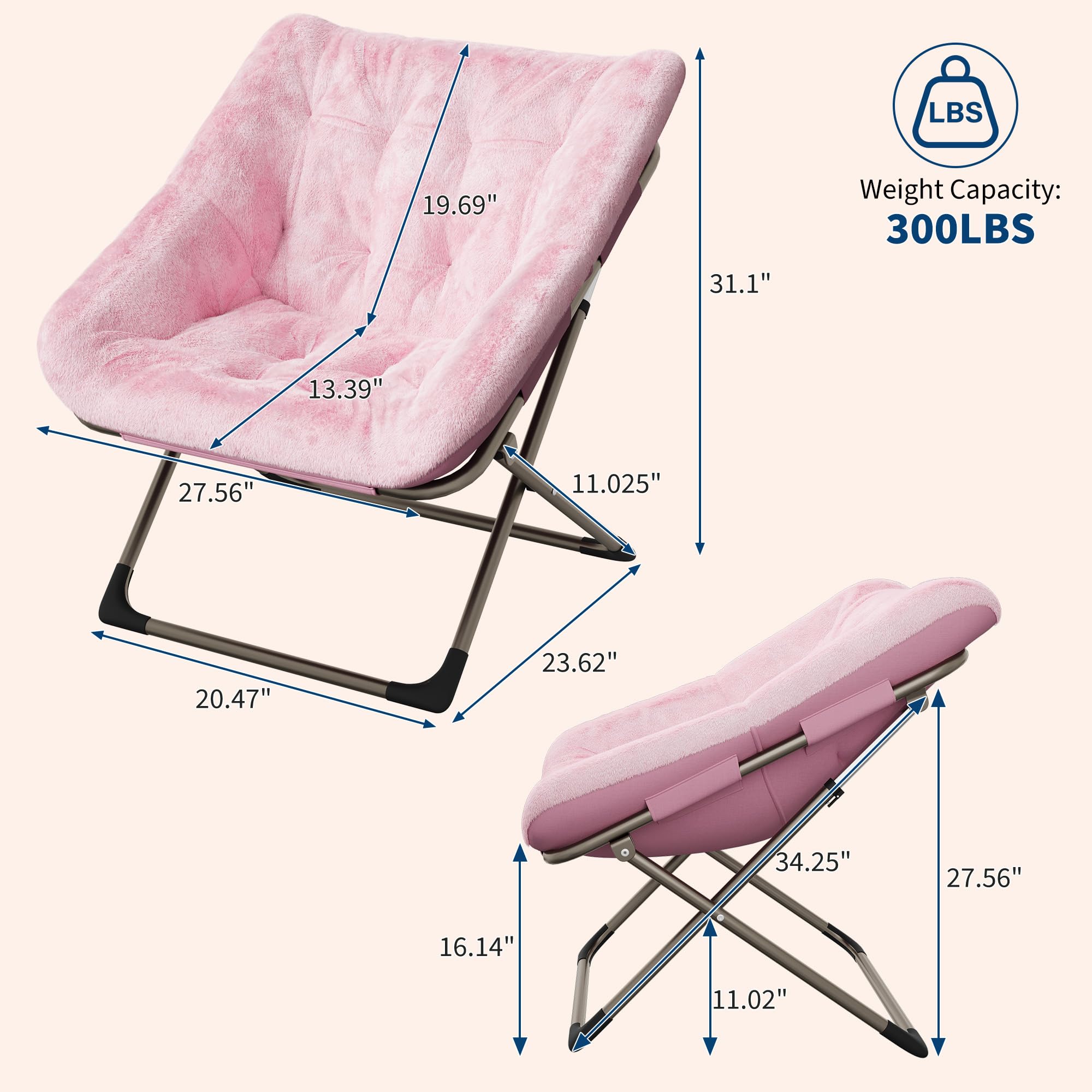 IdealHouse Fauteuil Lounge Pliant Rond en Fausse Fourrure Douce – Structure métal Robuste 300 kg – Ultra Confortable – Aucun Montage requis – Idéal pour Chambre, Salon, dortoir, Fauteuil Lecture ou