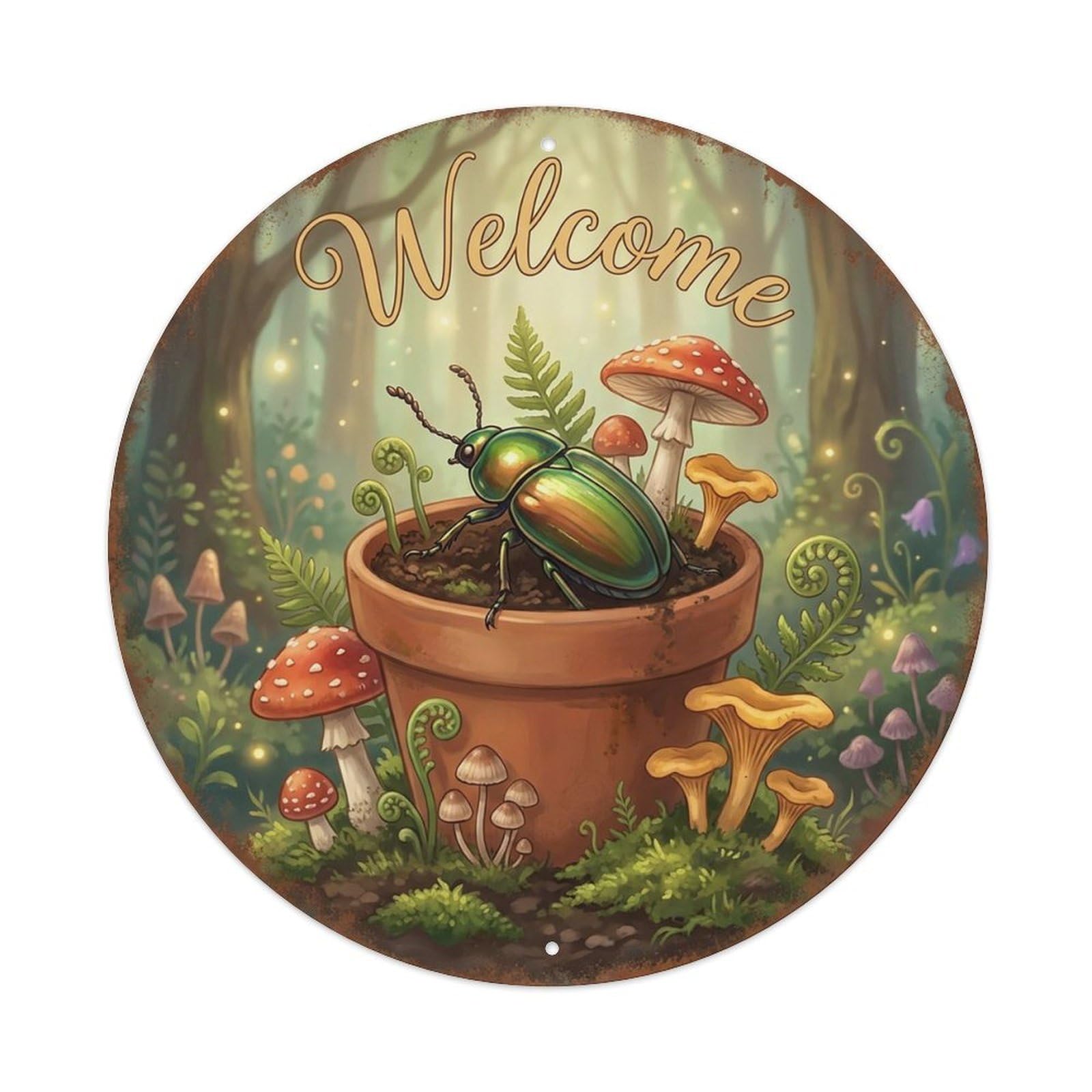Welcome Beetle Mushroom Forest Vintage Metal Tin Sign Plaque Wall Decor for Cafe, Club Bar, Office, Garden Metal Poster 8x8Inch