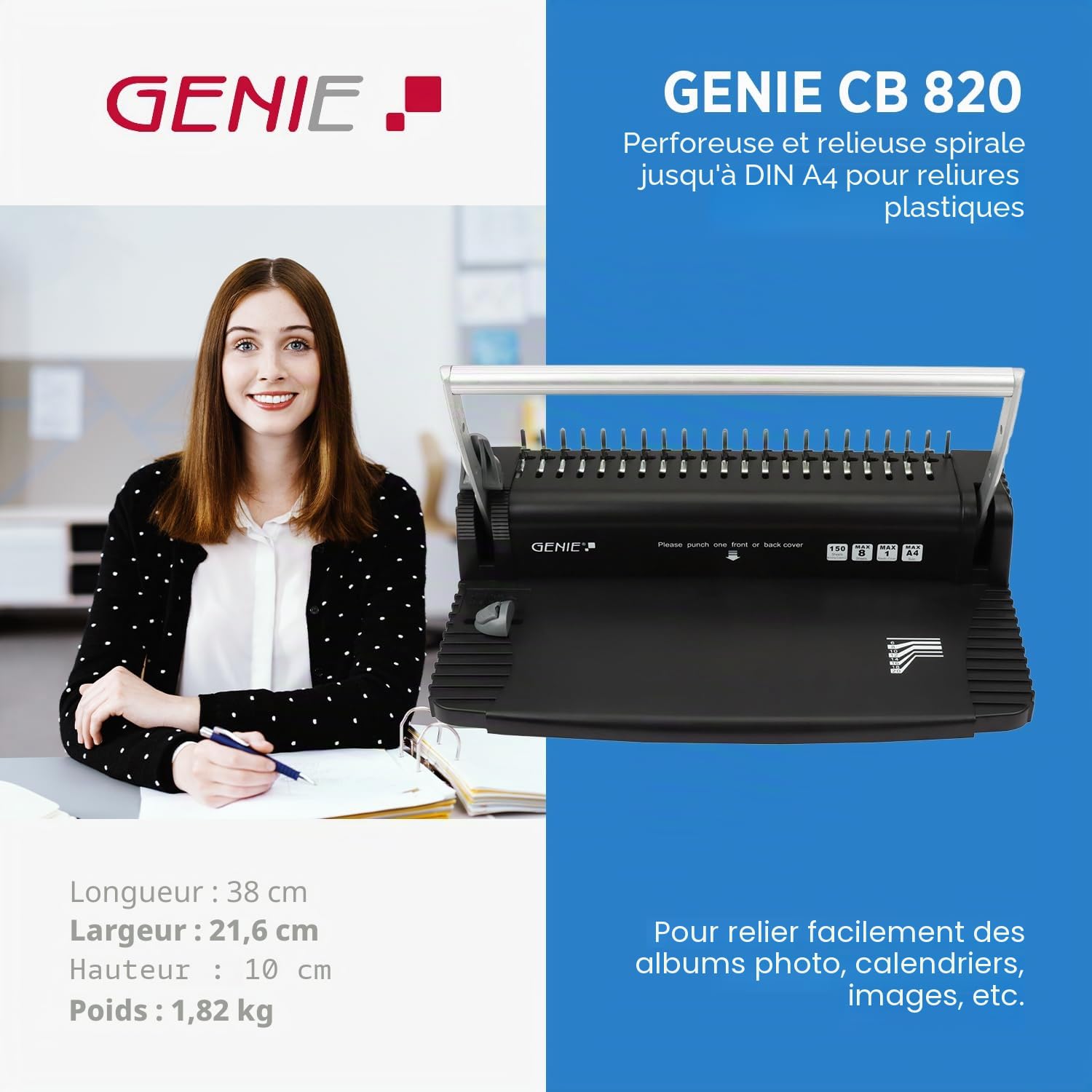GENIE CB 820 Relieuse spirale 38 cm avec 20 peignes pour 150 feuilles et perforation 8 feuilles