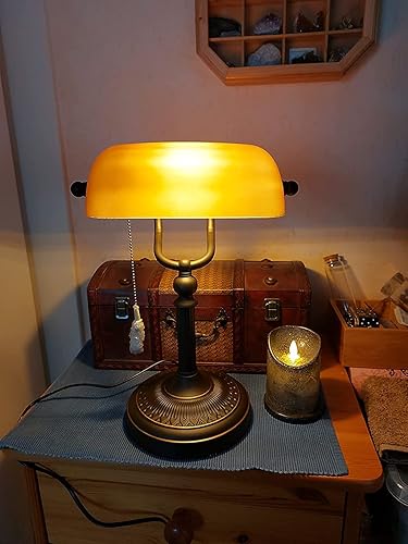 Miniatura 2 de Newrays Lámpara de escritorio de banqueros de vidrio naranja mate con interruptor de cadena de tracción Enchufe en accesorio