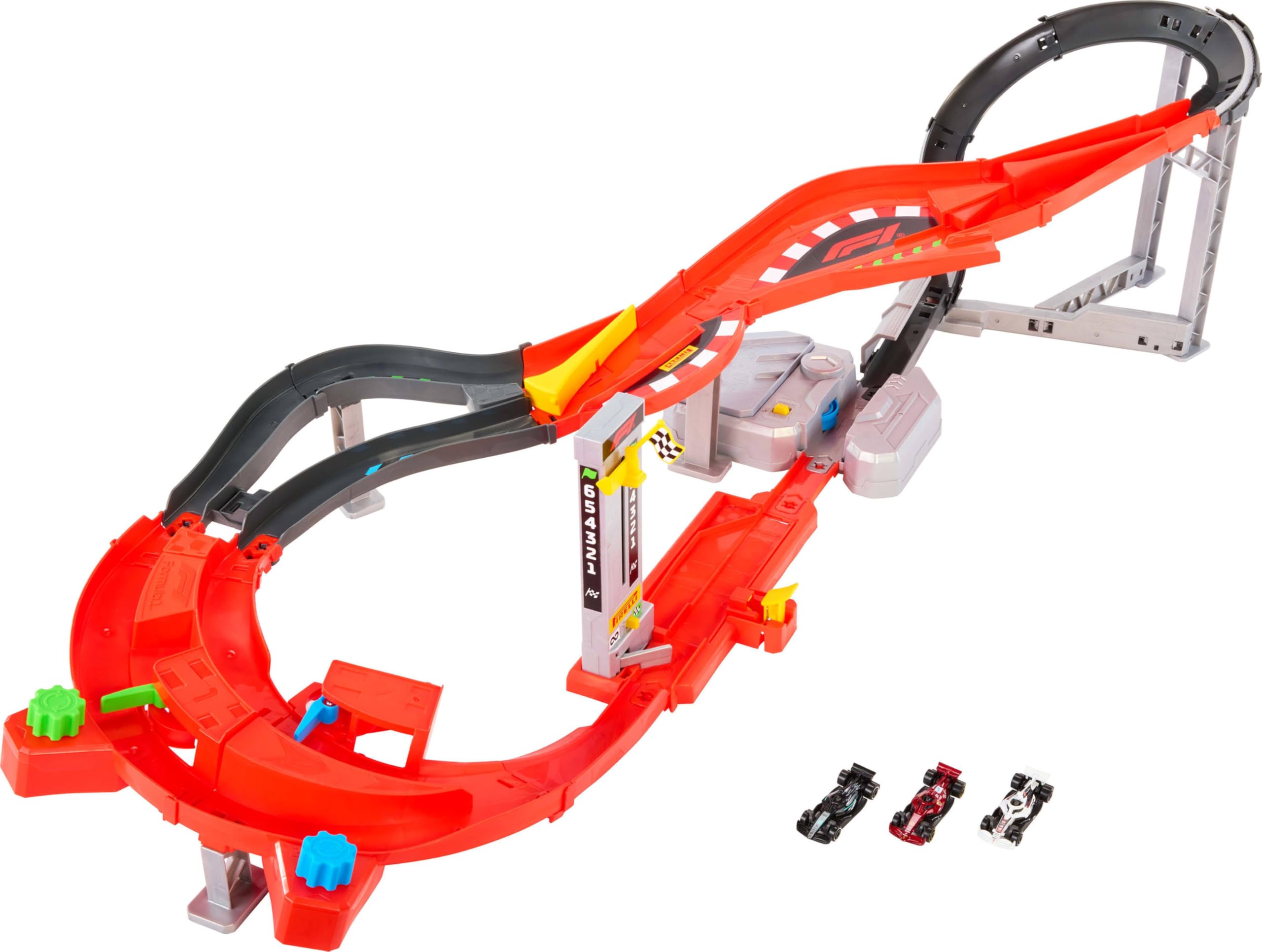 Hot Wheels Racing Formula 1 Super Circuito | Include 3 modelli di auto da corsa F1 in scala 1:64, propulsori manuali, booster motorizzato, sfida testa a testa, JMC90