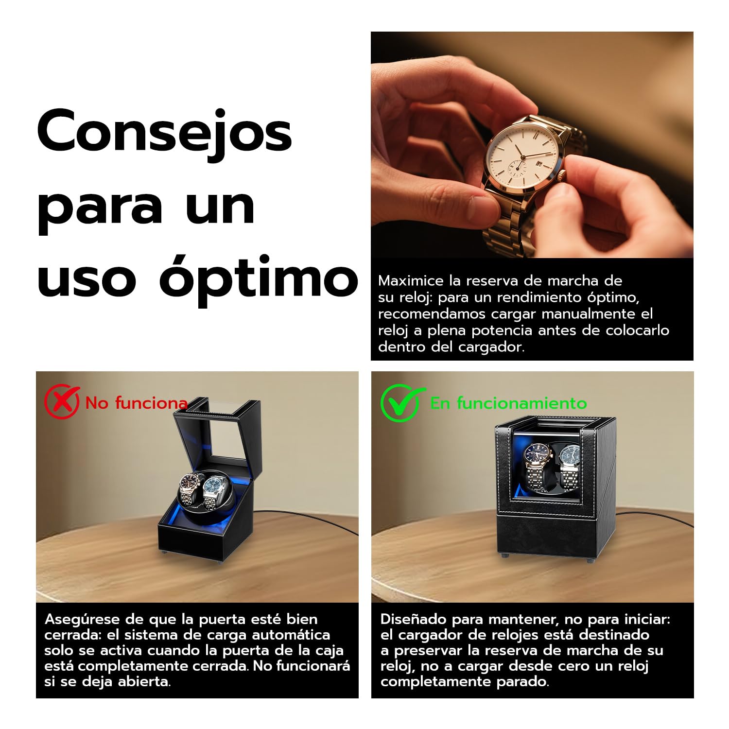 Caja automática doble para reloj, para 2 Relojes, Con LED azul, Caja enrolladora automática para Relojes, Vitrina acrílica de Cuero - Negro