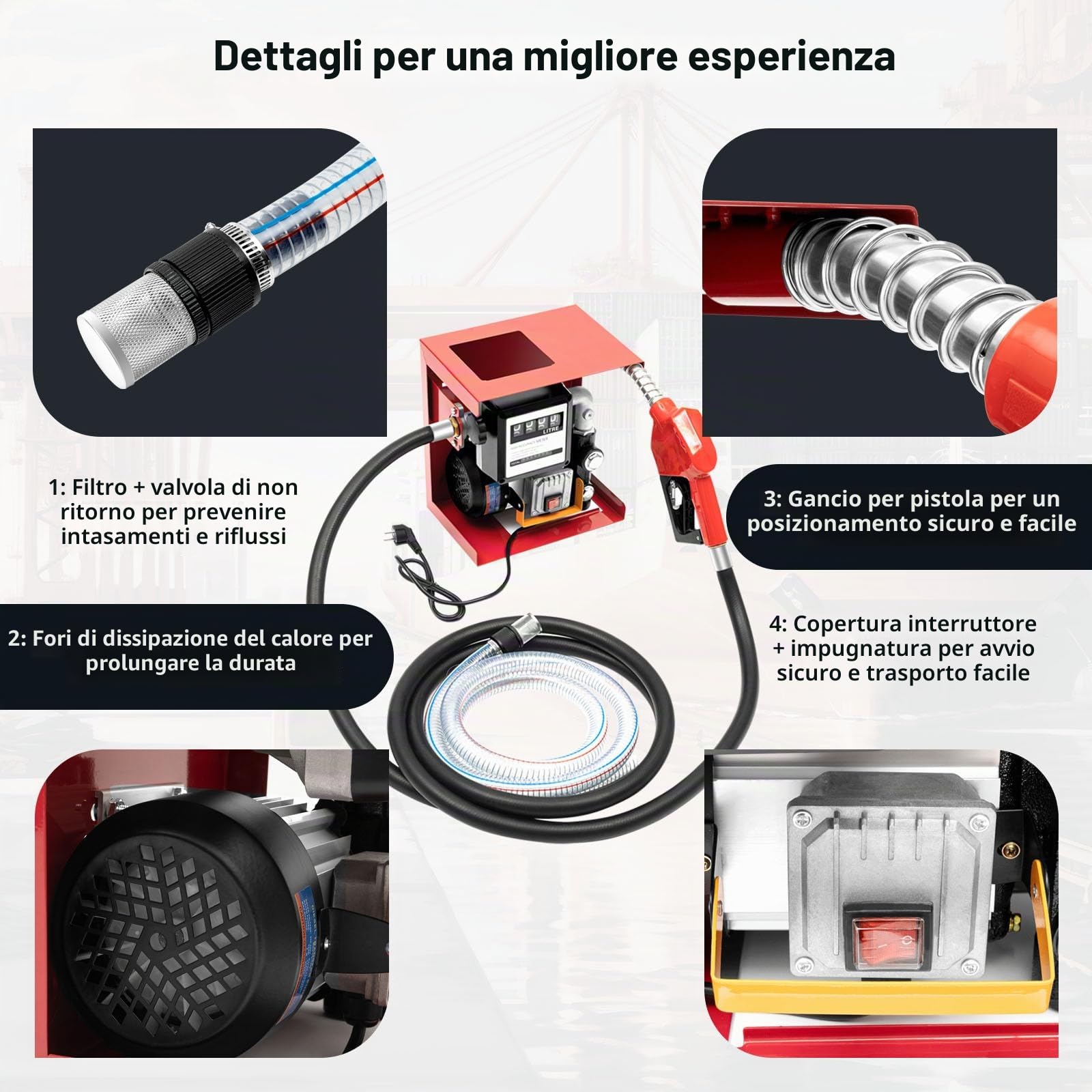 Pompa Travaso Gasolio 550 W 60 L/min Autoadescante con Contatore | Pompa Elettrica con Pistola Automatica, Corpo in Ghisa e Tubi da 2 e m, per Trattori e Macchine Agricole