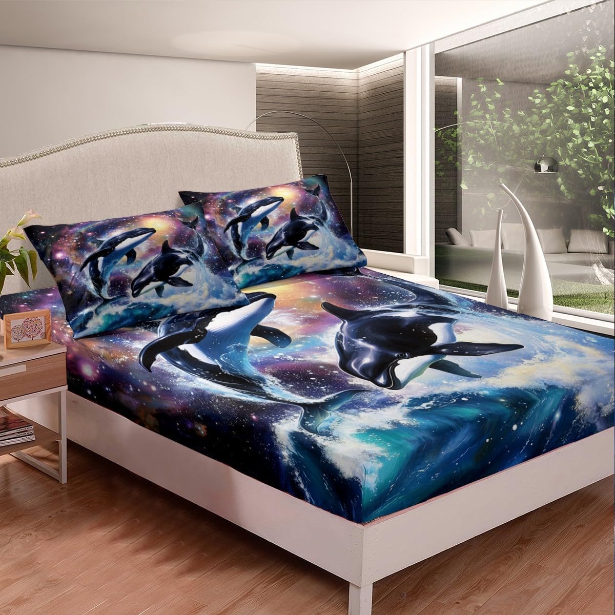 Erosebridal Orca Whale Queen Bed Sheets Orcinus Orca Ocean Sheet Set for Kids Boys Teen Men Galaxy Killer Whale Bedding Sheets Starry Sky Sea Animal Bed Sheet Set 4 Piece Marine Life Room Decor