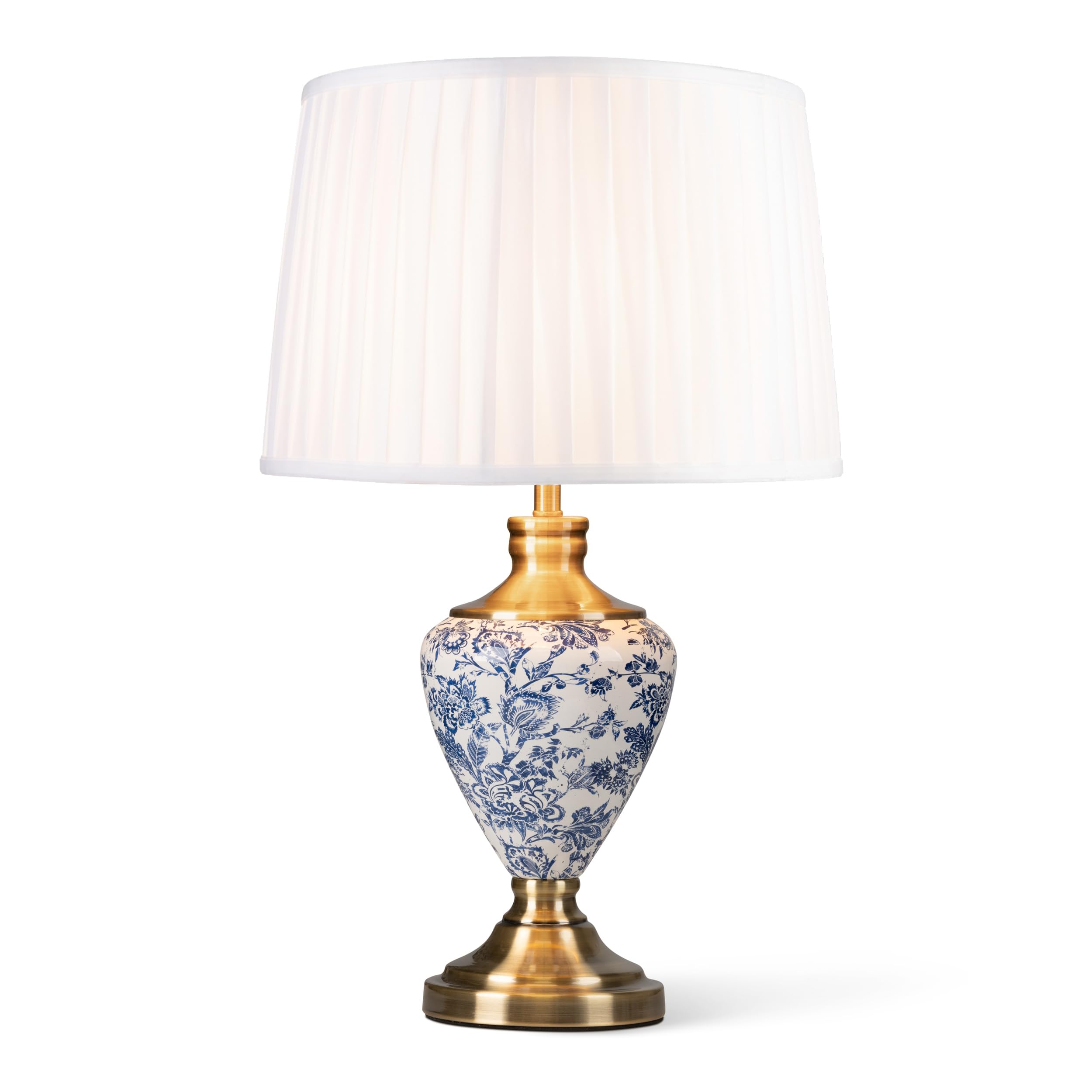 Lighting Supermarket Blue, White And Antique Brass Hepburn Large Ceramic Table Lamp With Ivory Pleated Shade - Modern White, Blue, Antique Brass