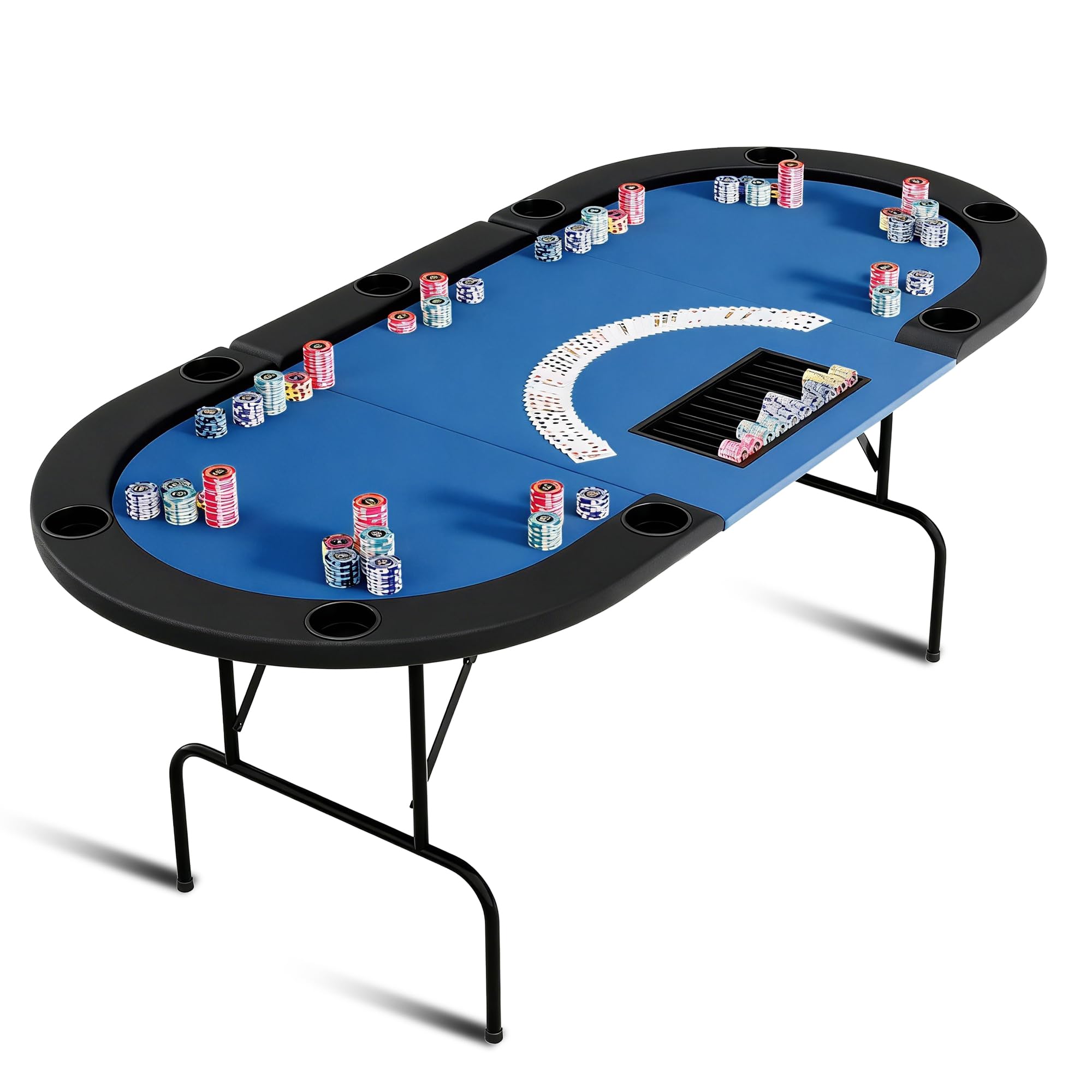 Reljofum Oval Poker Table with Collapsible Legs, Casino Leisure Gamimg Table for 10 Players, Texas Holdem Blackjack Poker Table with Stainless Steel