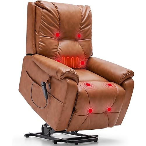 AIRSKY Power Lift Recliner Chair for Elderly, with Massage and Heating, Electric Recliner Chair for Adults, for Living Room, Bedroom, Faux Leather, Dual Cup Holders and Side Pockets, Brown, P3