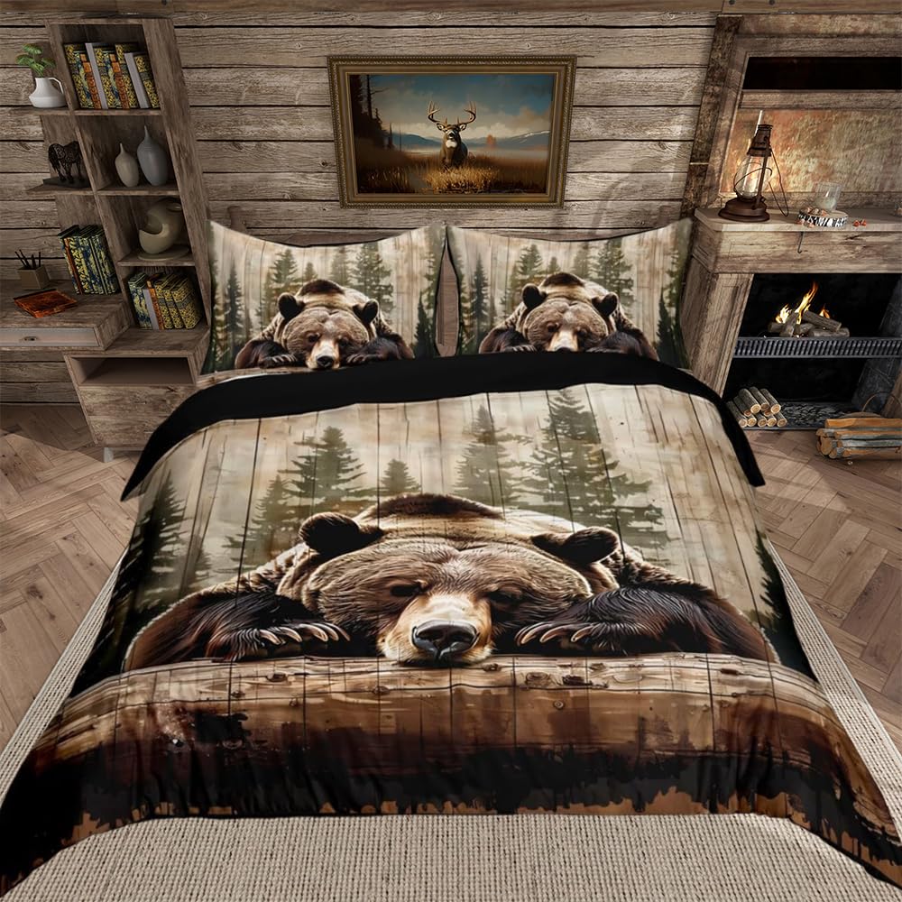 richhome Grizzly Bear Duvet Cover Wild Animal Hunting Kids Boys Girls Cabin Bedding Set Rustic Farmhouse Comforter Cover Set including 1 Pillowcases 2Pcs Cot
