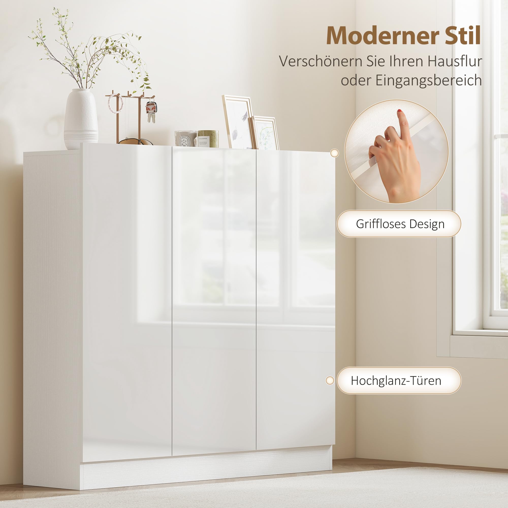 HOMCOM Schuhschrank Verstellbare Ablagen Hochglanztüren 106,4x34x108,5cm | Schuhregal, Belüftungslöchern, Schuhaufbewahrung mit Soft-Close-Funktion, Schuhkommode, für 25–30 Paar Weiß