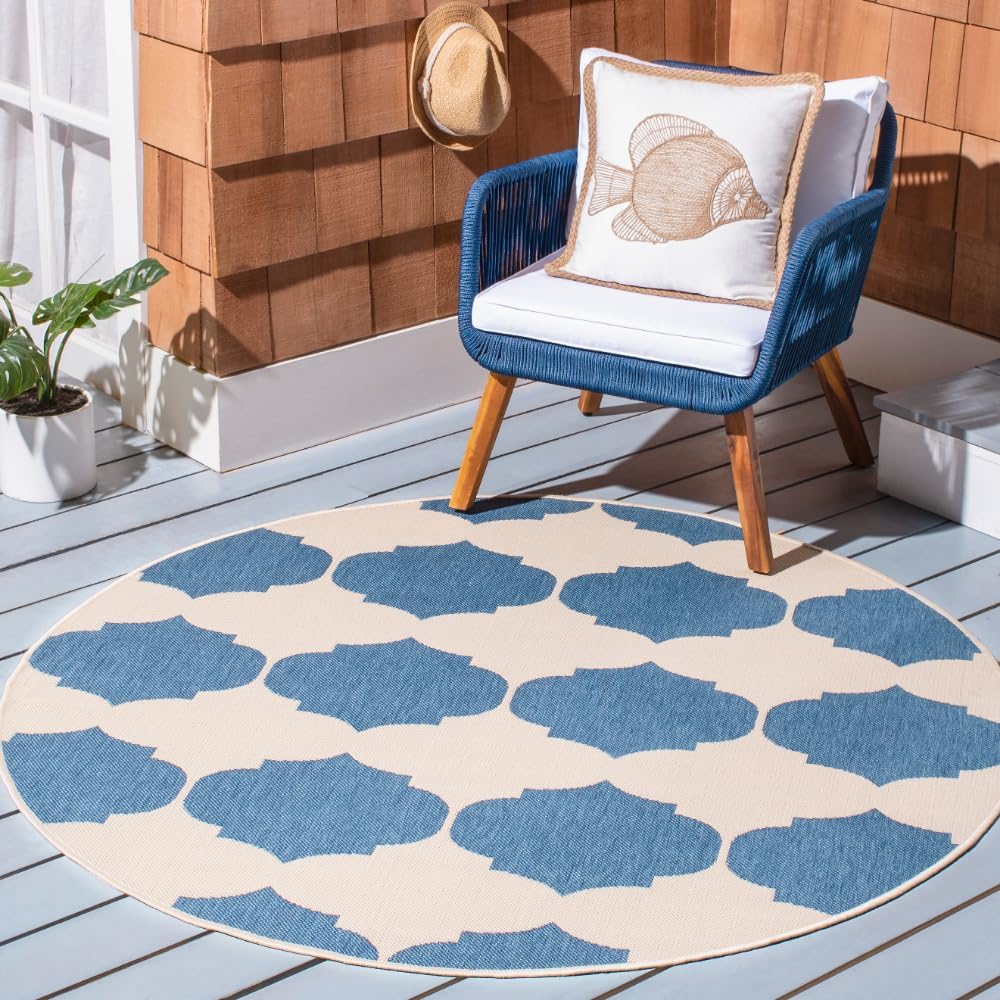 SAFAVIEH Courtyard Collection Area Rug - 5'3" Round, Beige & Blue, Non-Shedding & Easy Care, Indoor/Outdoor & Washable-Ideal for Patio, Backyard, Mudroom (CY6162-233)