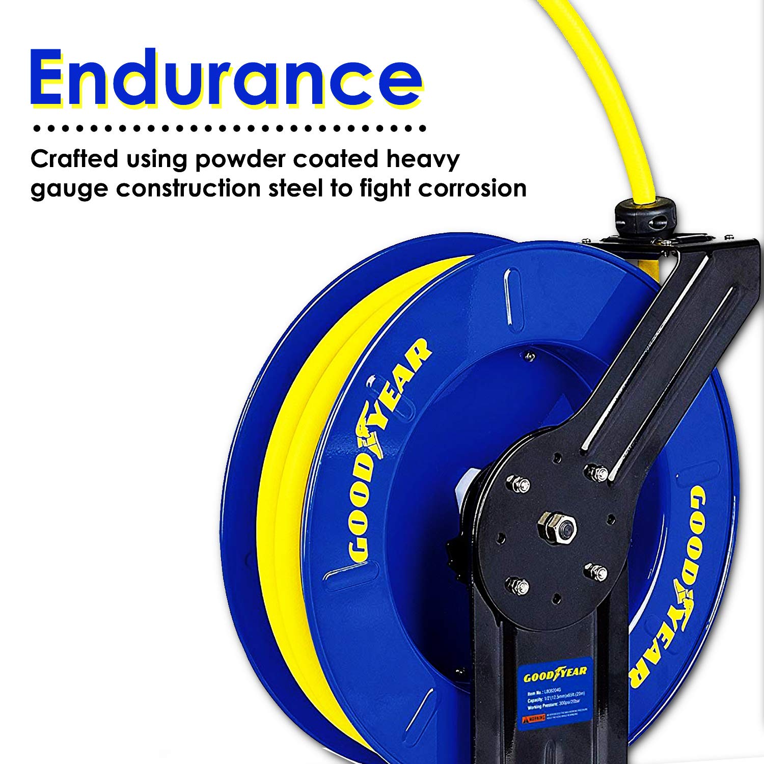 Exclusive Discount 60% Price Goodyear Air Hose Reel Retractable 1/2 Inch x 65' Foot SBR Rubber Hose Max 300PSI Heavy Duty Industrial Steel Single Arm Construction