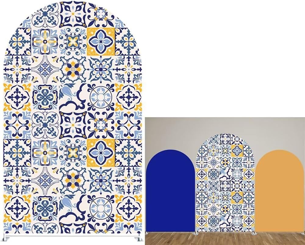 KONPON Patchwork Tile Arch Backdrop Cover for Porcelain Parties Decorations Chiara Background Arched Stand Covers Birthday Banquet Banner 4ftx7.2ft(48"x86") Gx-1184