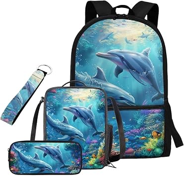 Blue Dolphin Backpack for School Boys 6-7 Large Capacity Backpacks with Lunch Bag and Water Bottle Set 4pcs Lightweight Kids Book Bag Kindergarten Preschool Casual School Bags for Travel
