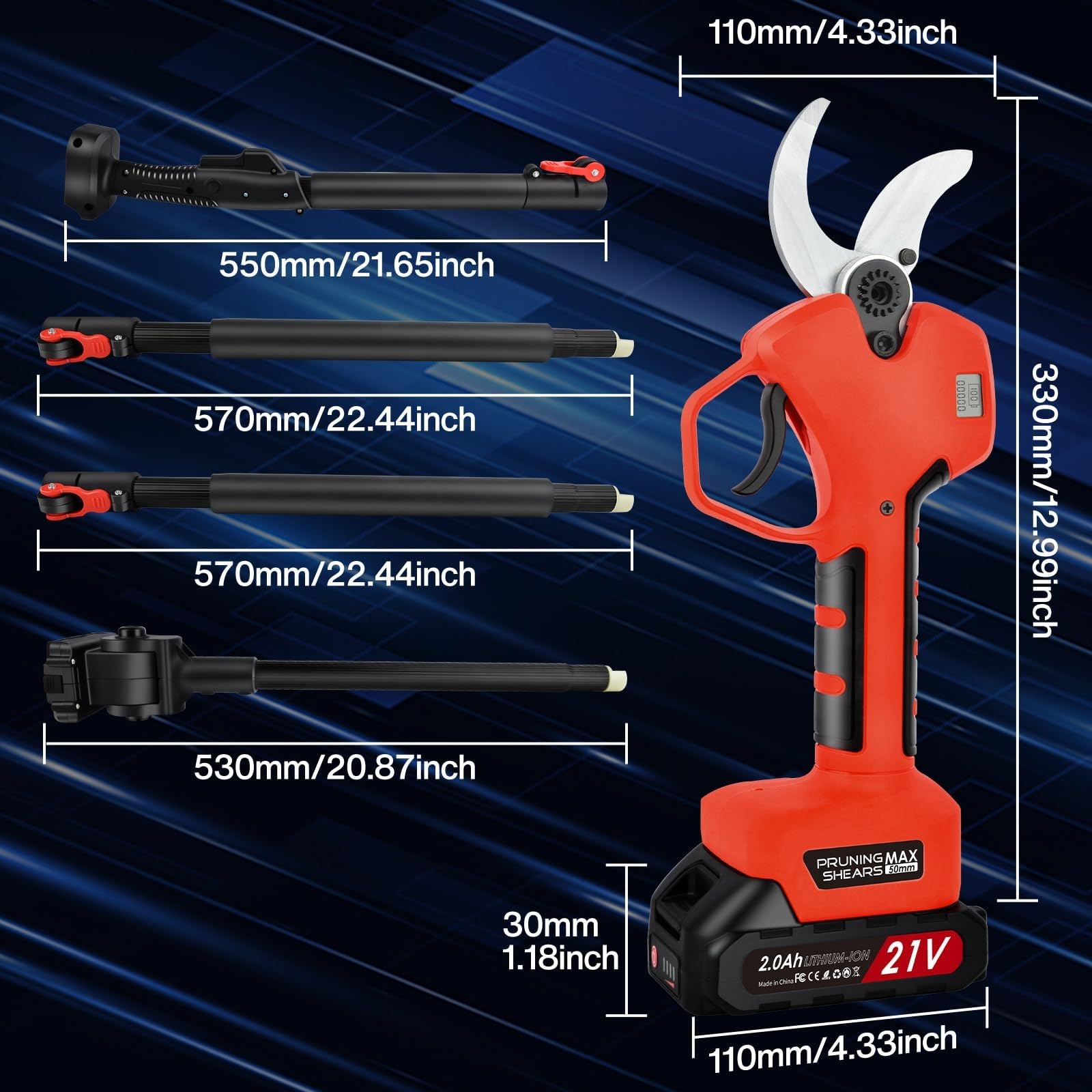 50mm Tijeras De Podar Electricas con 2 metros perca telescópica: Tijera podar telescopica 50-25mm Ajustables Hoja SK7 con 2 baterías de 21 V/2000 mAh - Tijeras de Podar Bateria Jardinería Olivos