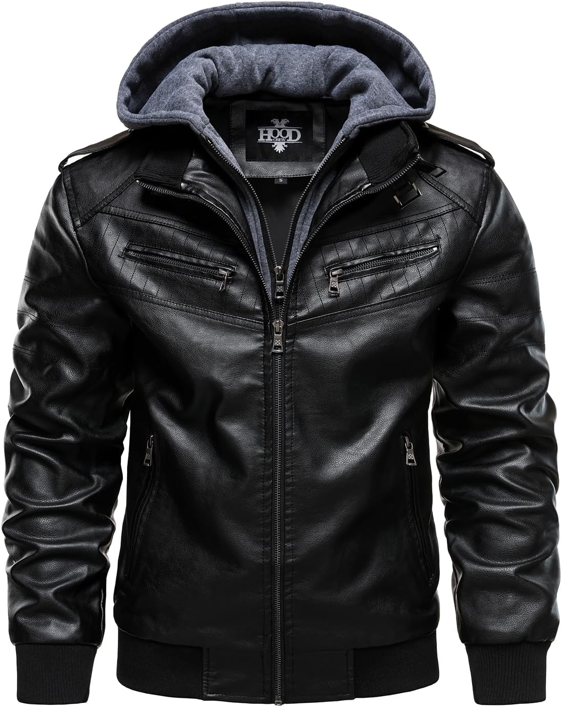 HOOD CREW Men's Leather Jackets Faux Bomber Jacket for Men Motorcycle Zip-Up Biker Coat With Hoodie - Image 2