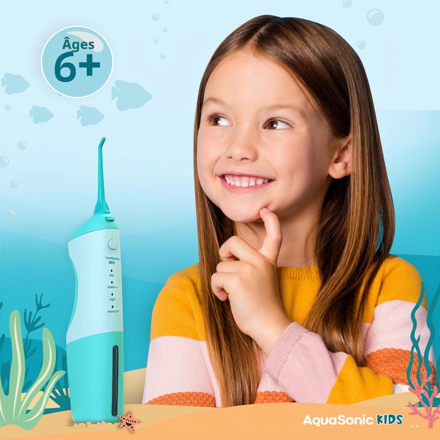 AquaSonic Hydropulseur pour enfants à partir de 6 ans | Buse standard, buse orthodontique et autocollants étanches | 4 modes de fil dentaire | Thème des aventures d'aquarium