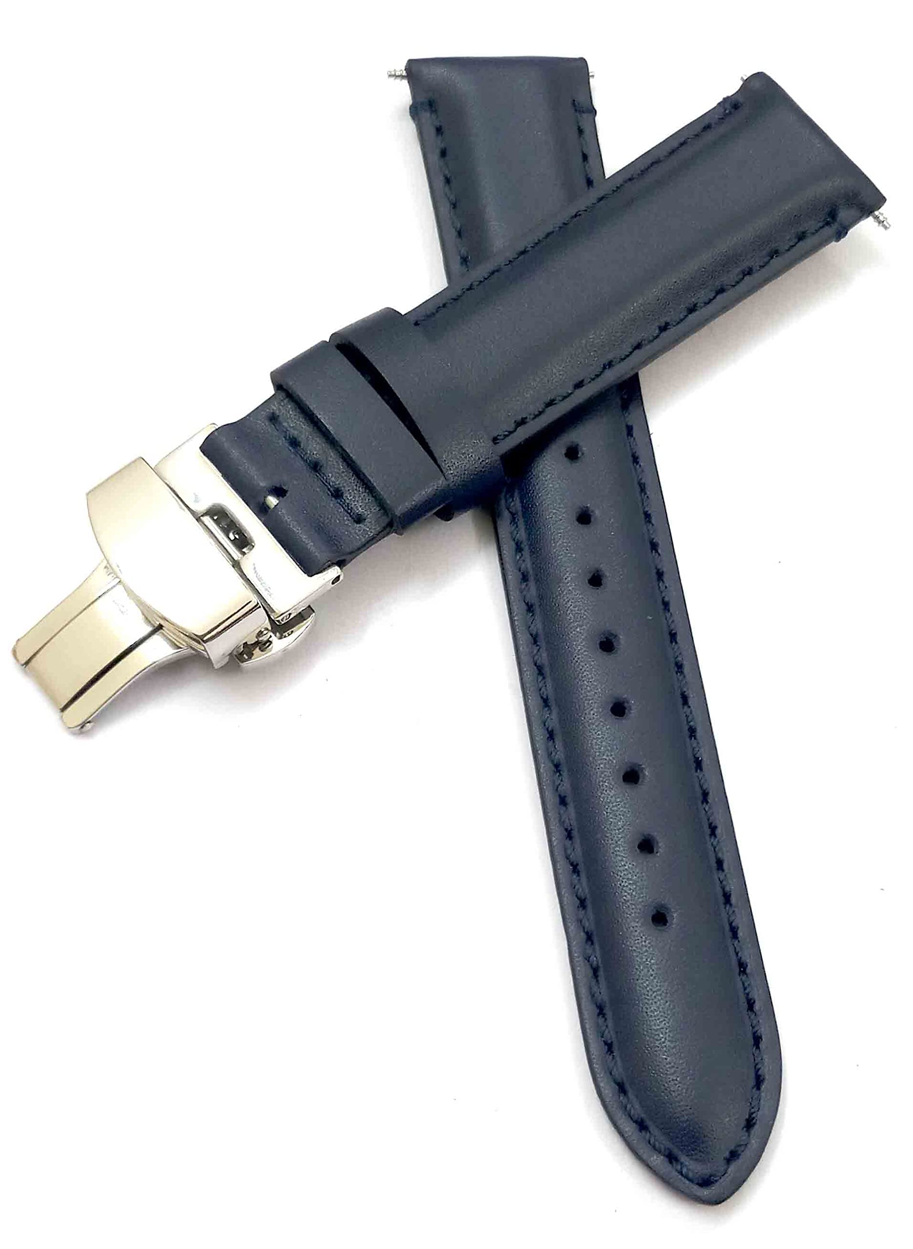 Ewatchaccessories 19mm Genuine Leather Blue Watch Band Strap for Men and Women | Comfortable and Durable Material | Deployment Silver Buckle-G8 (B0B6R74T3C) Amazon Price History, Amazon Price Tracker