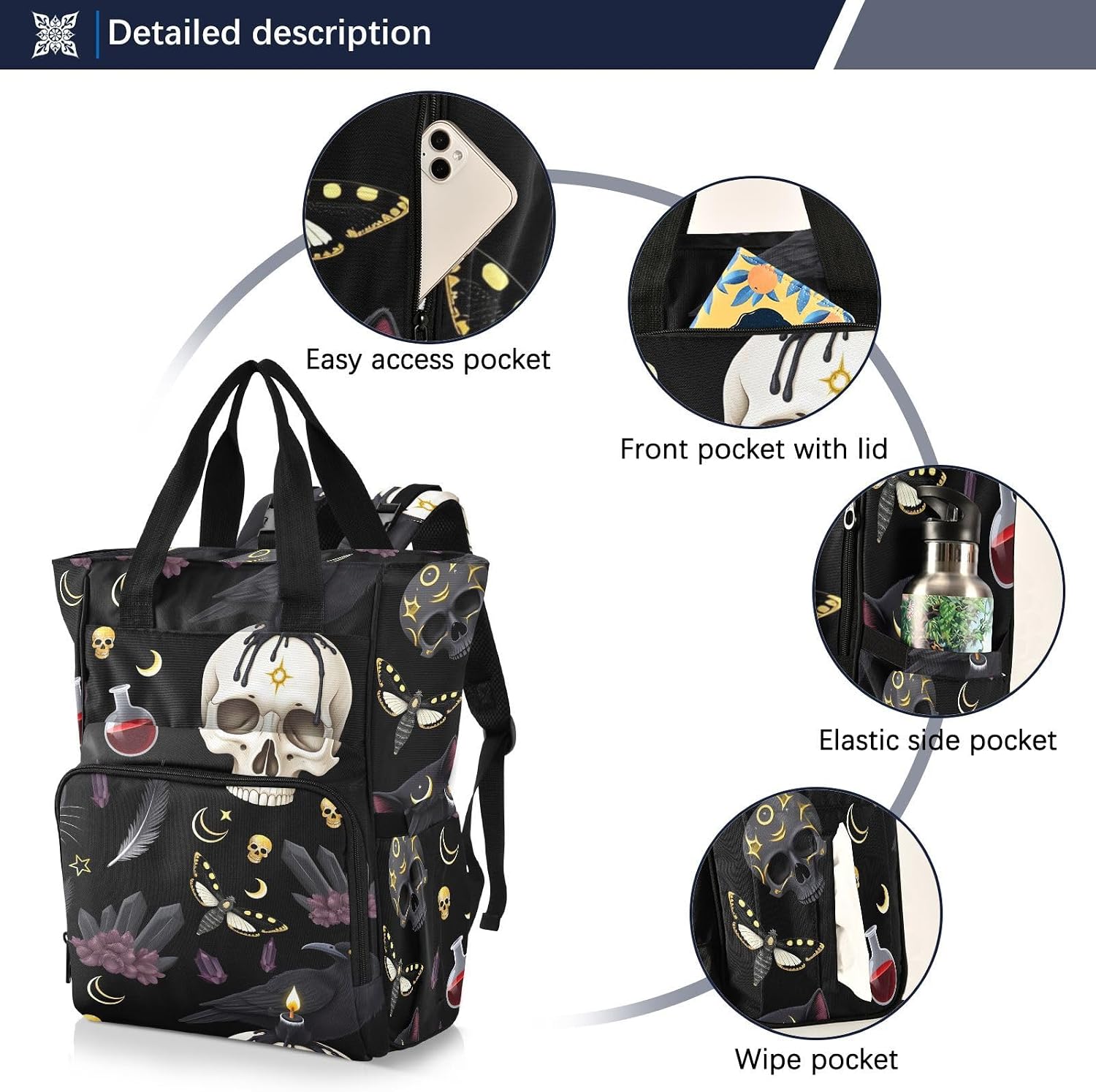 MNSRUU Goth Skull Moth Multifunction Travel Diaper Tote Changing Backpacks for Moms Dads