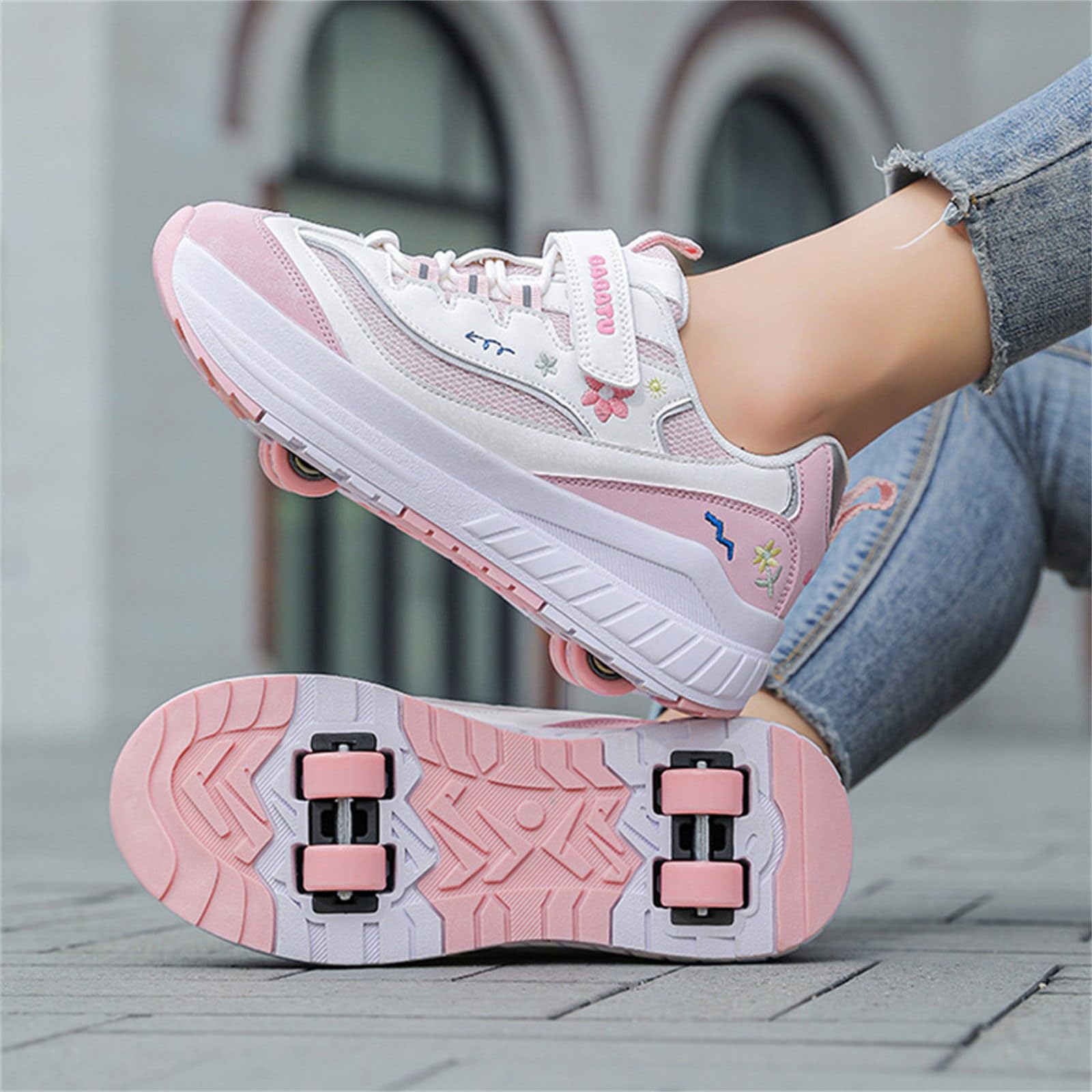 Mateju Chaussures à roulettes Fille Garçon Patins à roulettes Rétractable Enfant avec 4 Roulette, Fleurs 2 en 1 Chaussures de Skateboard Réglables Adolescents pour Femme Homme