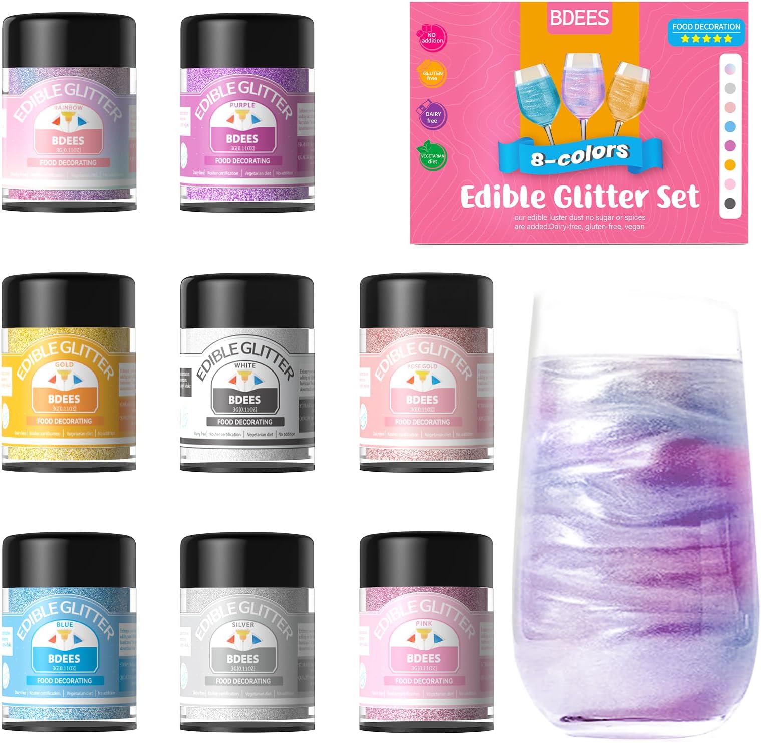 BDEES Edible Glitter 8 Colours Rainbow Set - Vegan Gloss Dust for Drinks and Cake Decorating, Gluten Free