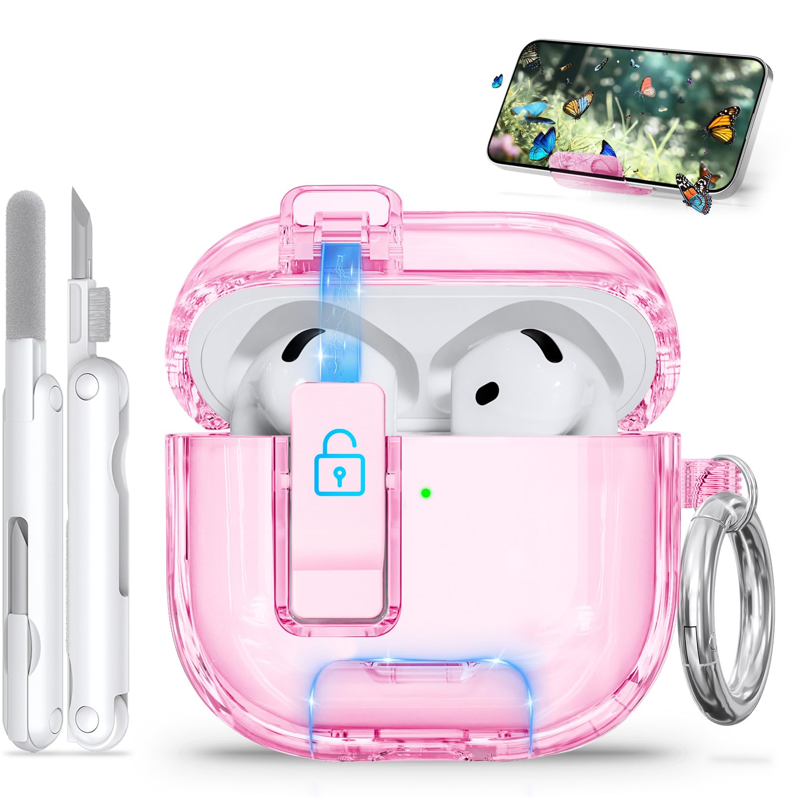 for AirPods 4 Case with Phone Stand &amp; Safety Lock, Auto-Open Clear AirPod Case Compatible with Apple AirPods 4th Gen 2024, Anti-Scratch &amp; Shockproof Protective Cover with Cleaning Kit &amp; Keychain