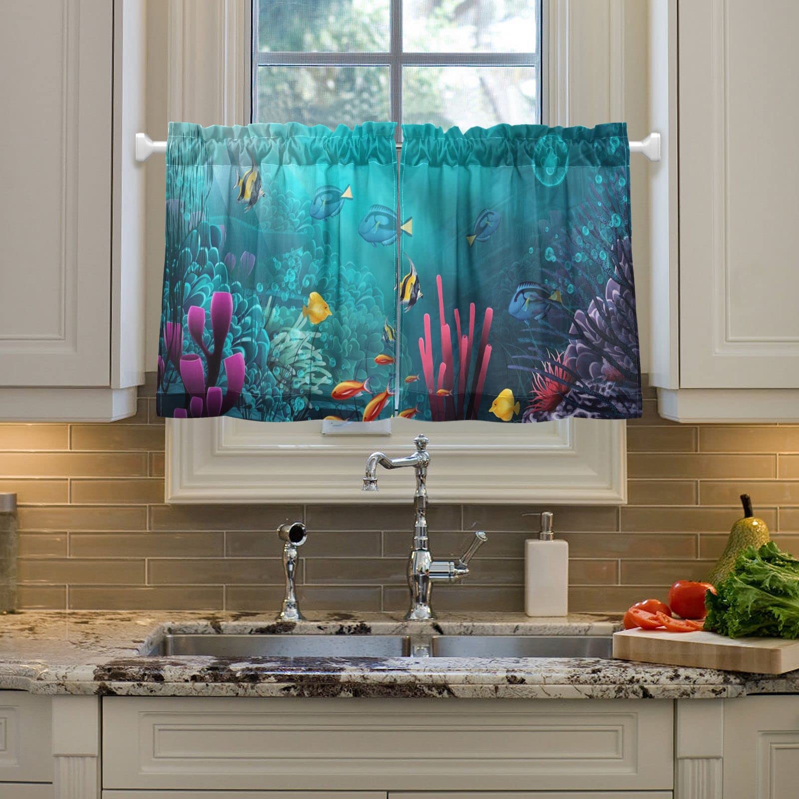 Amazon｜alaza カフェカーテン 小窓用海 魚柄 日光 風景 自然おしゃれ