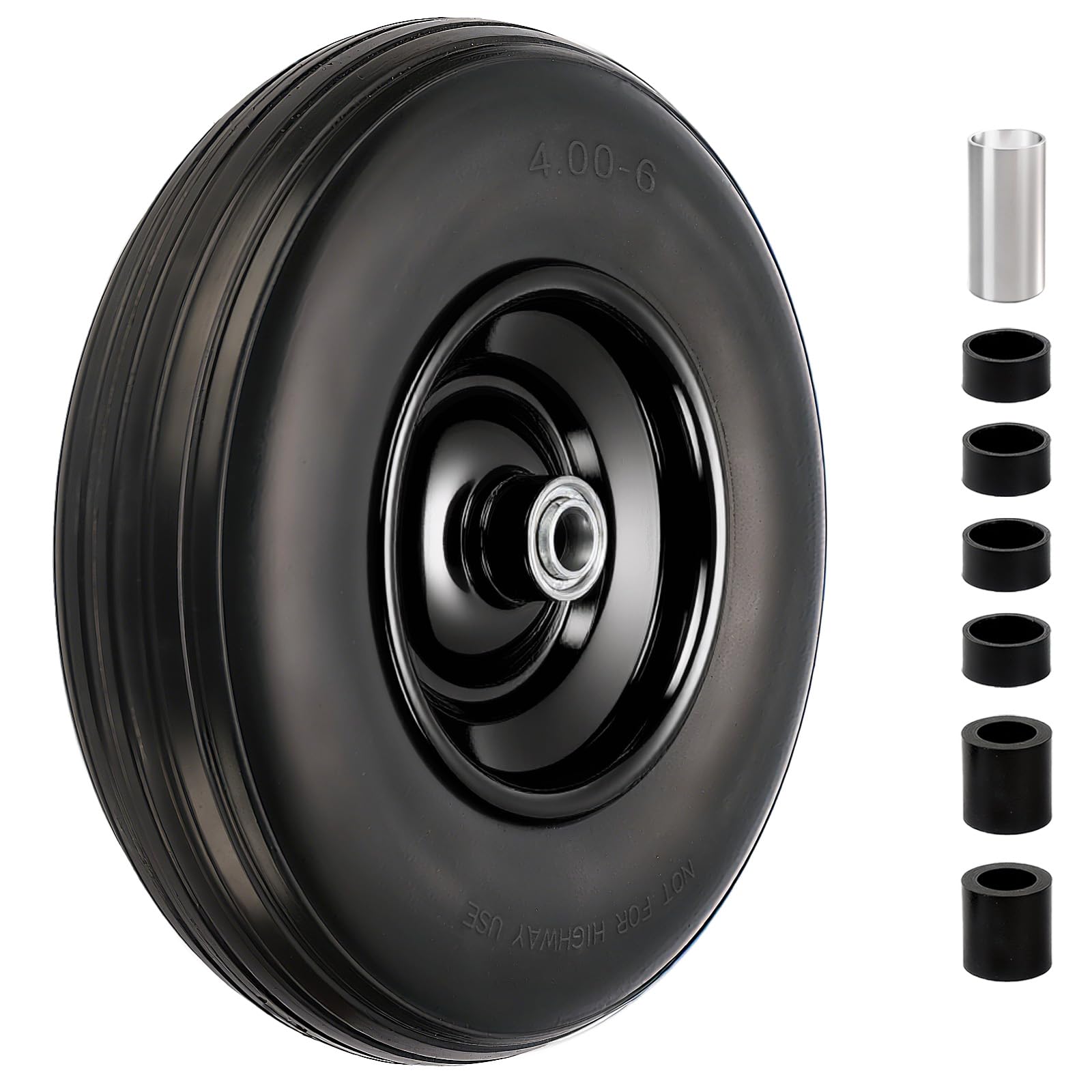 RRQ 4.00-6 Flat Free Tire and Wheel, 13" Solid Wheelbarrow Tire with 3/4" Bearings and 1.75" Centered Hub, for Garden Carts, Trolley, Wheelbarrow Wheel Replacement, Includes Adjustable Adapter Kits