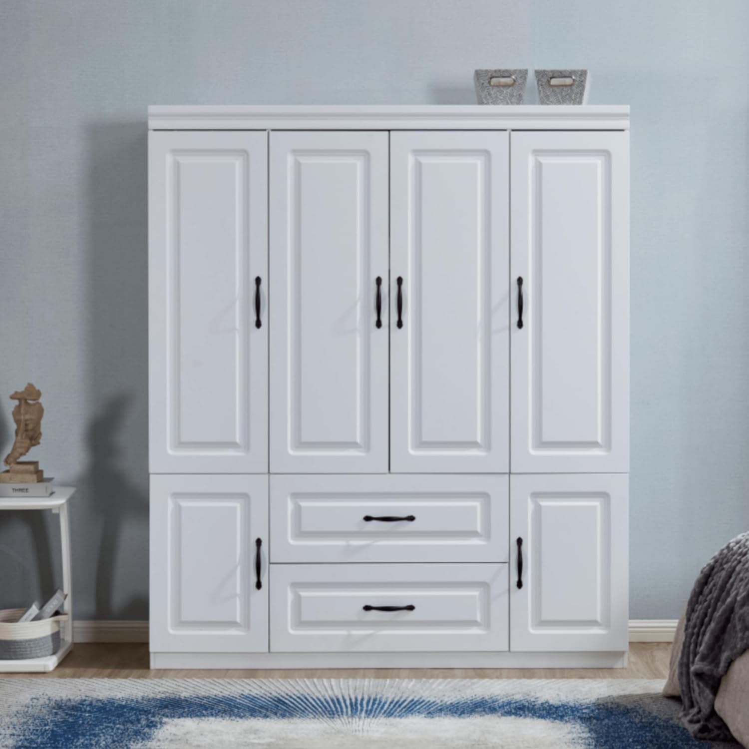 4 Doors Classic White Large Freestanding Wardrobe Armoire Wooden Closet Cabinet with Hanging Rod & Shelves Bedroom Clothes Storage Bathroom Wood Organizer(20.5" D x 63" W x 71.0" H)