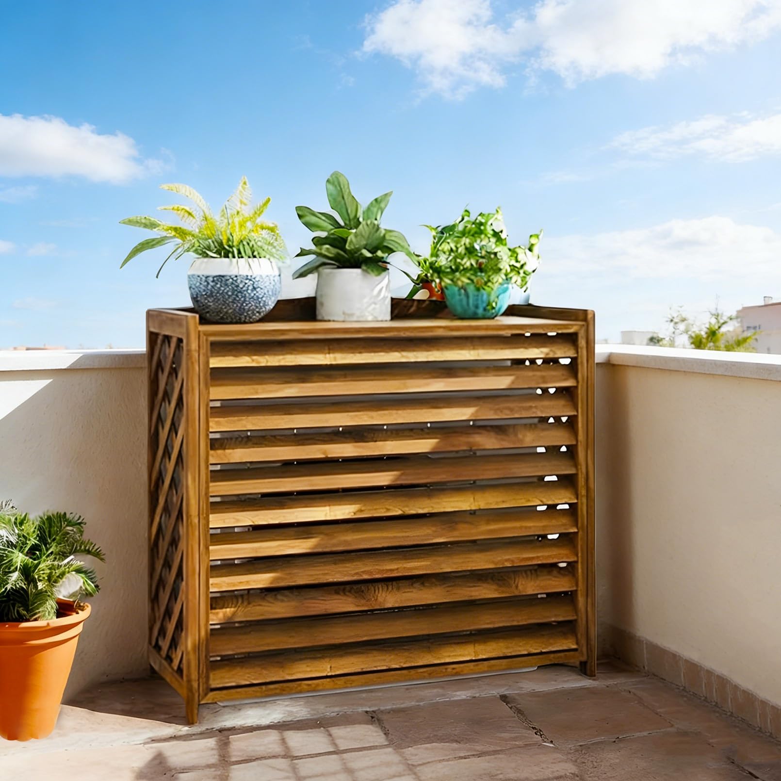 Copri Condizionatore Da Esterno Legno Copri Motore Condizionatore Esterno Condizionatore D'aria in Legno Massello Supporto Copertura Pompa Di Calore per Decorare Giardini, Balconi(100x44x93cm)