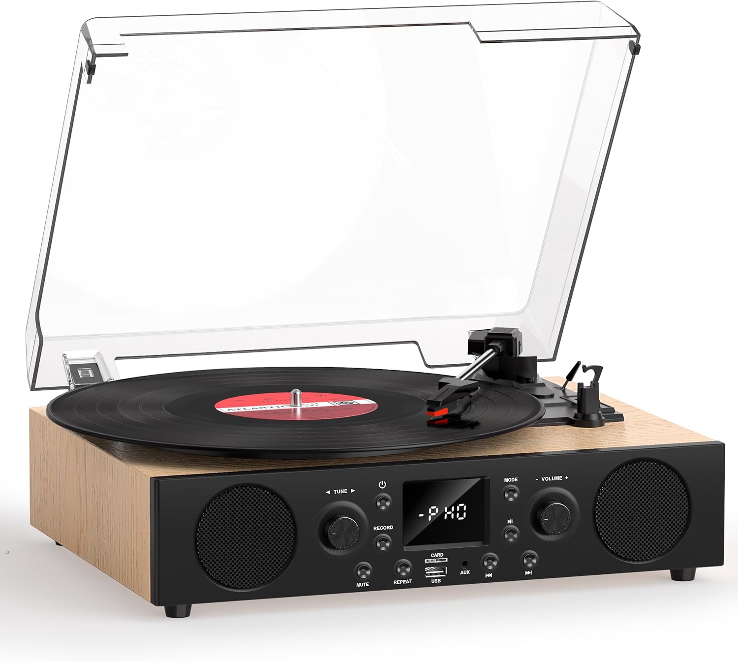 Record Player with Built-in Speakers, Vintage Bluetooth Turntable 3 Speed with USB Recording, Bluetooth Receiving, FM Radio, RCA Line Out & AXU-in, Vinyl Record Player Oak