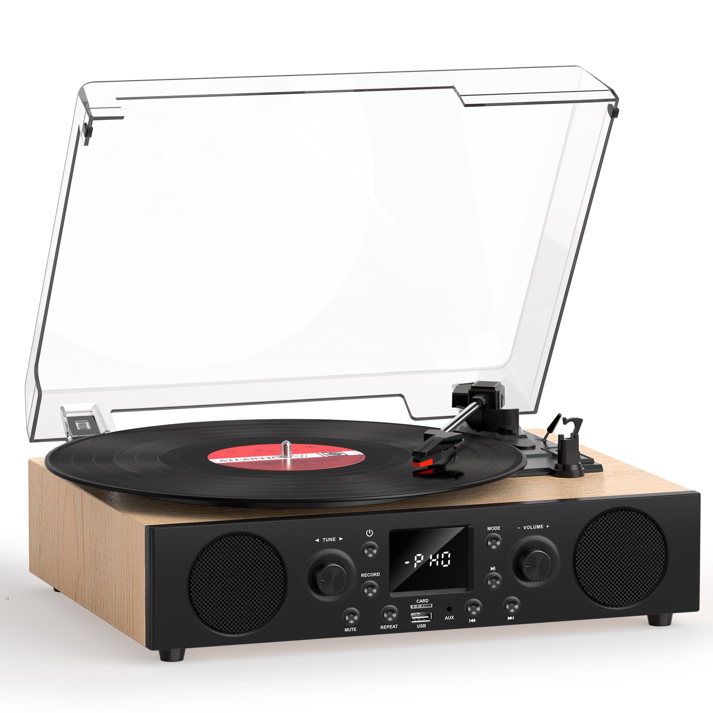 Odtwarzacz płyt z wbudowanymi głośnikami, gramofon Bluetooth w stylu vintage, 3 prędkości, z nagrywaniem USB, odbiorem Bluetooth, wyjściem liniowym RCA i wejściem AXU, radiem FM, odtwarzaczem płyt