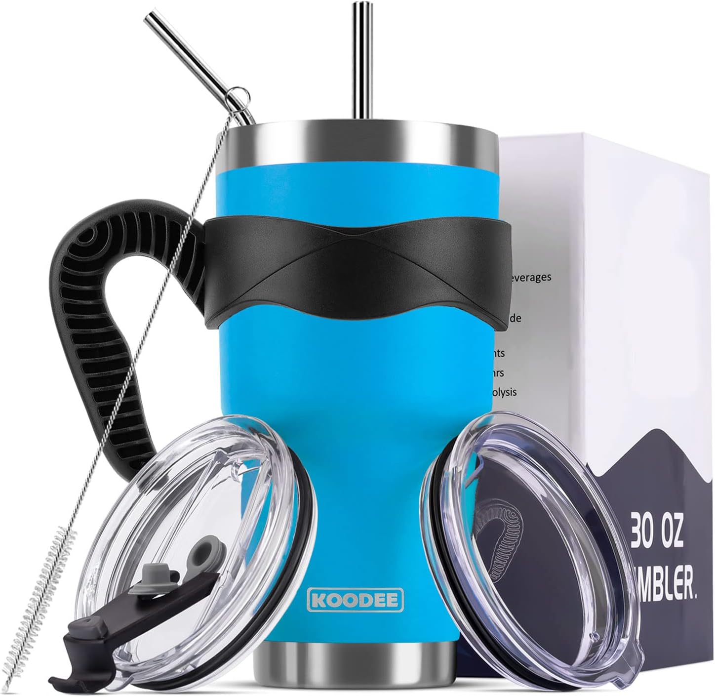 koodee 30 oz Tumbler with Handle and Straw-Stainless Steel Vacuum Insulated Tumbler Cup with Lids, Travel Ice Coffee Mug for women and Men (30 oz, Sky Blue)