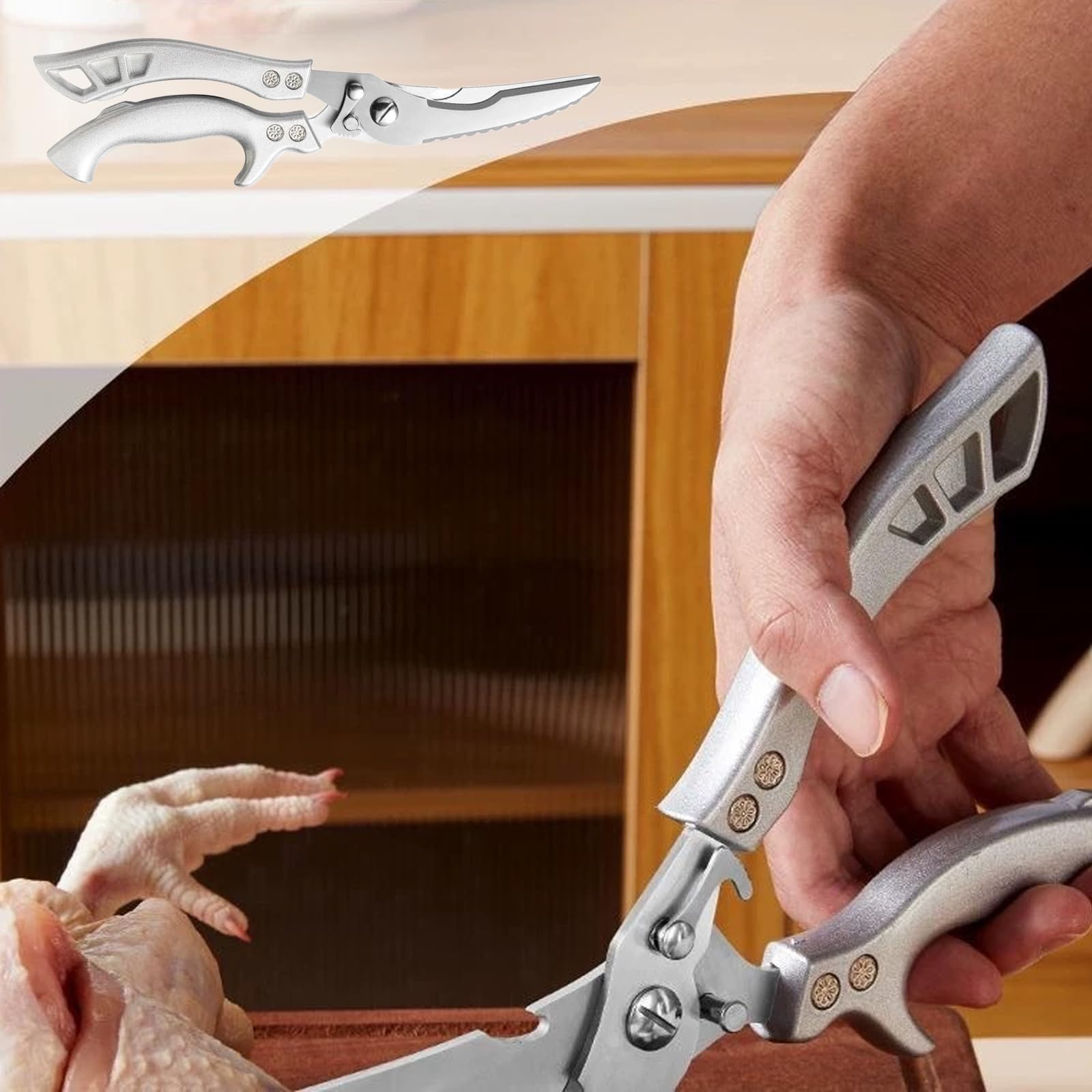 Tijeras para Aves Profesionales de Acero Inoxidable - Cuchilla Dentada, Tijeras de Cocina para Cortar Pollo, Carne con Huesos, Verduras y Pescado