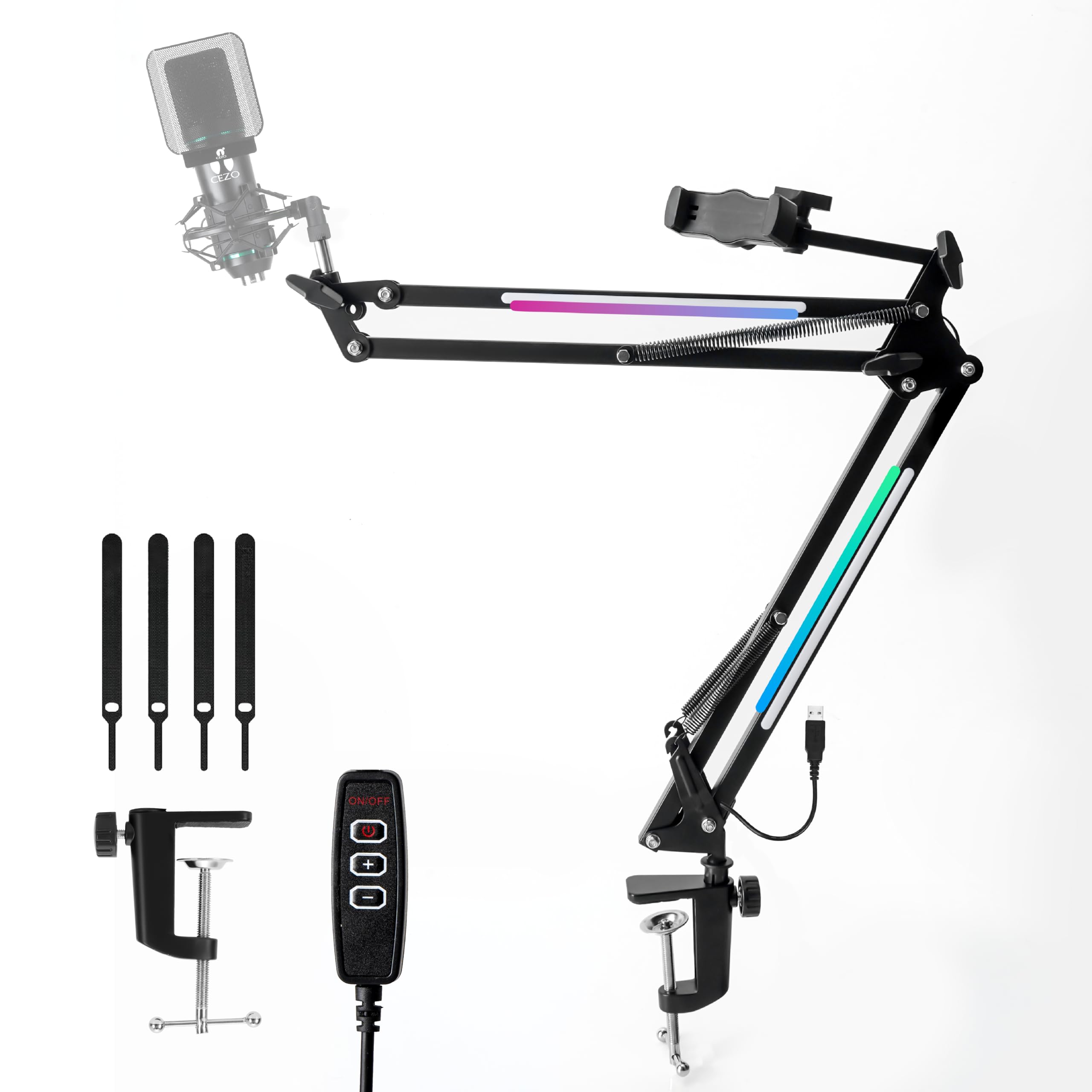 Cezo Soporte de brazo RGB para micrófono con soporte para teléfono móvil y 7 modos de color, soporte de brazo de tijera para grabación de estudio, transmisión y juegos