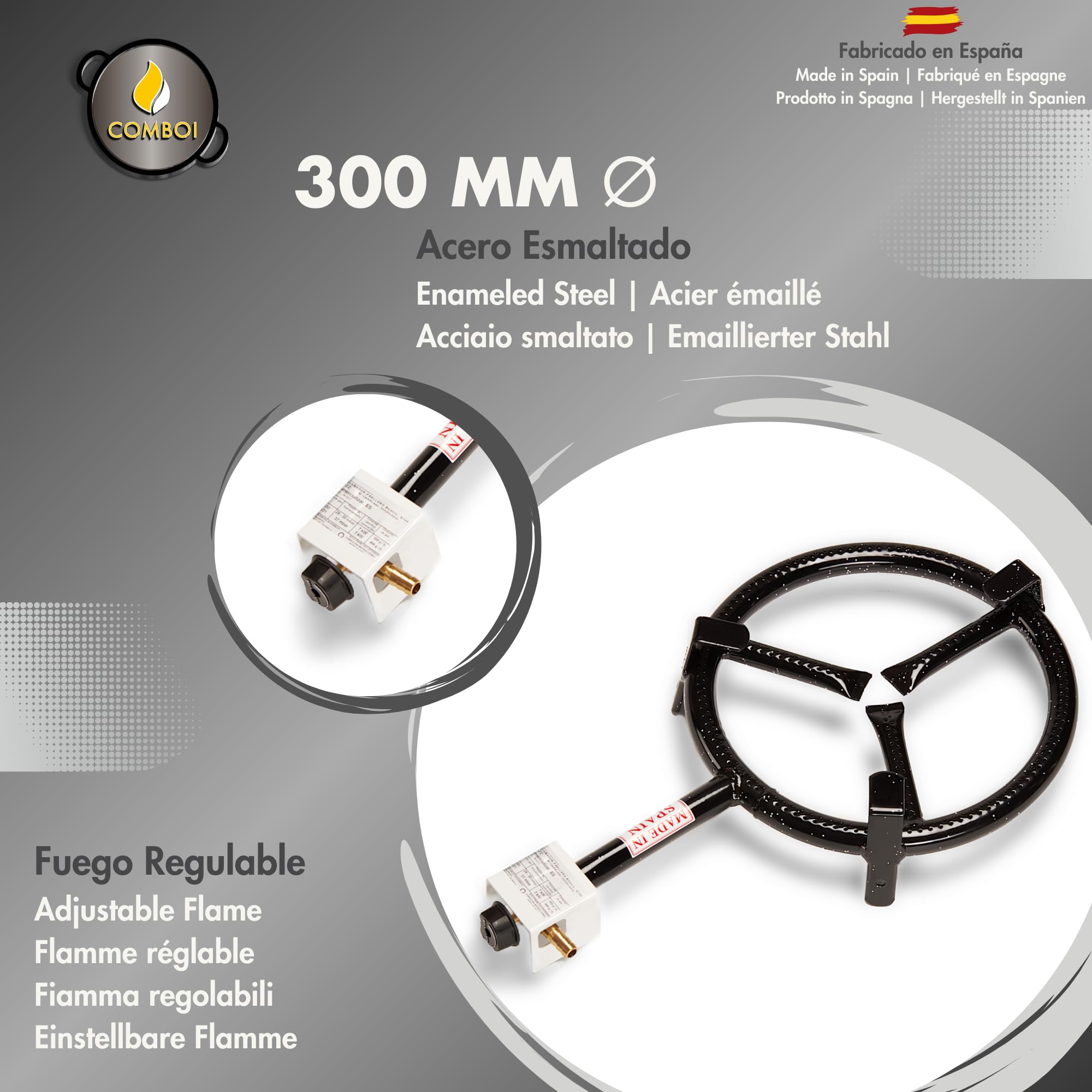 COMBOI Paellero gas butano kit quemador 30 cm, paellera de 42 cm, Soporte de 3 Patas, nivel, delantal, libro de recetas digital