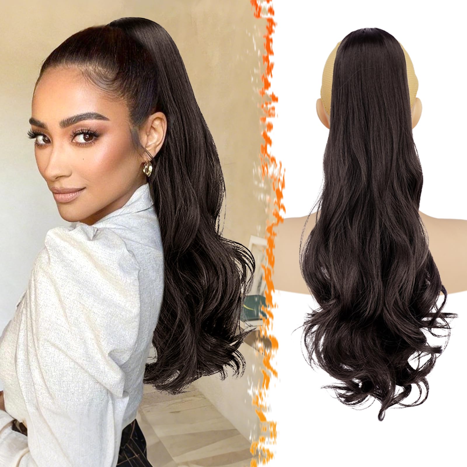 BARSDAR Dark Brown Wavy Drawstring Ponytail Extensions