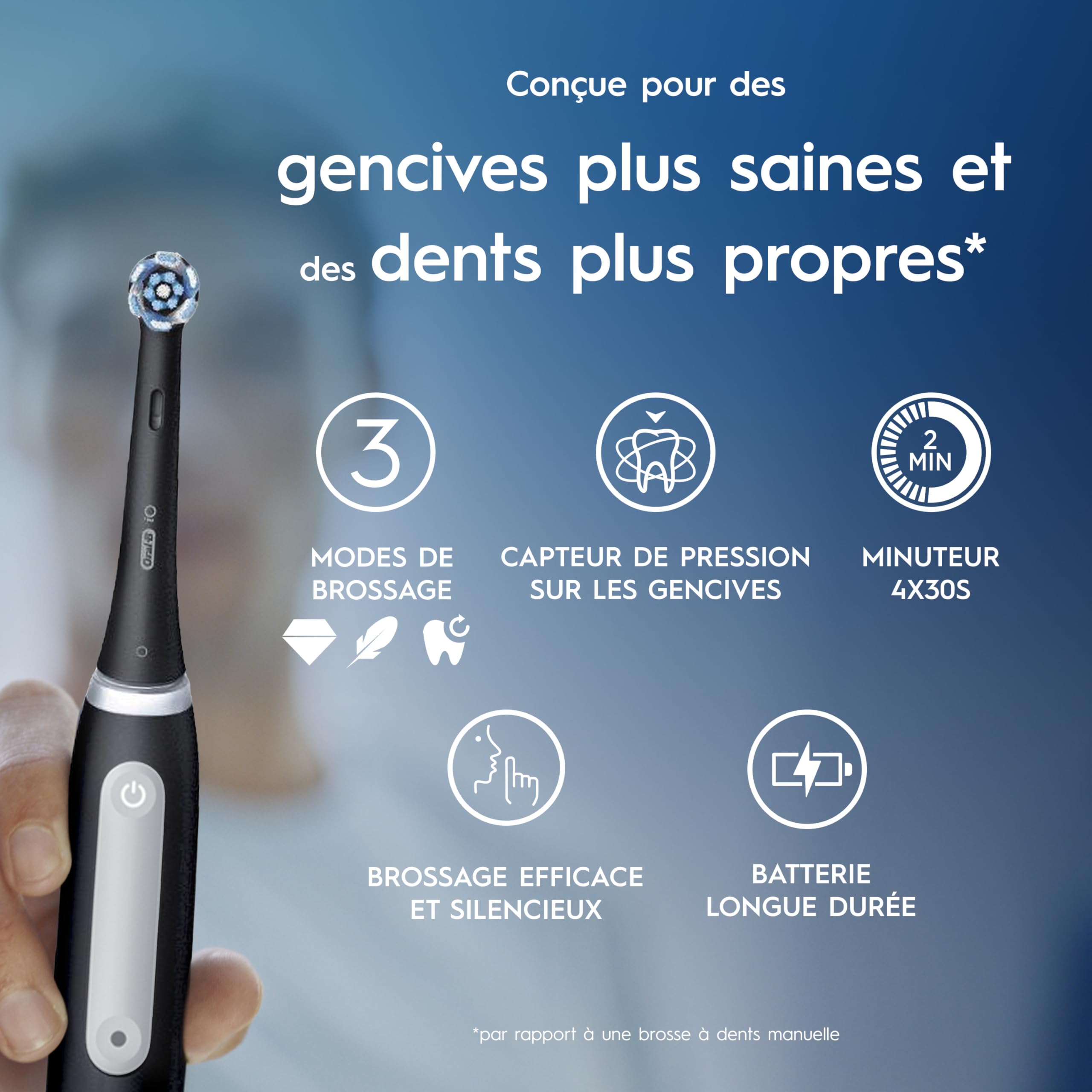 Oral-B iO 3 Brosse A Dents Electrique Noire, Pour Adultes, Modes De Nettoyage Avec Blancheur, Doux Pour Les Gencives, Capteur De Pression, Brossette Oral B De Rechange, Chargeur, Porte-Brossettes