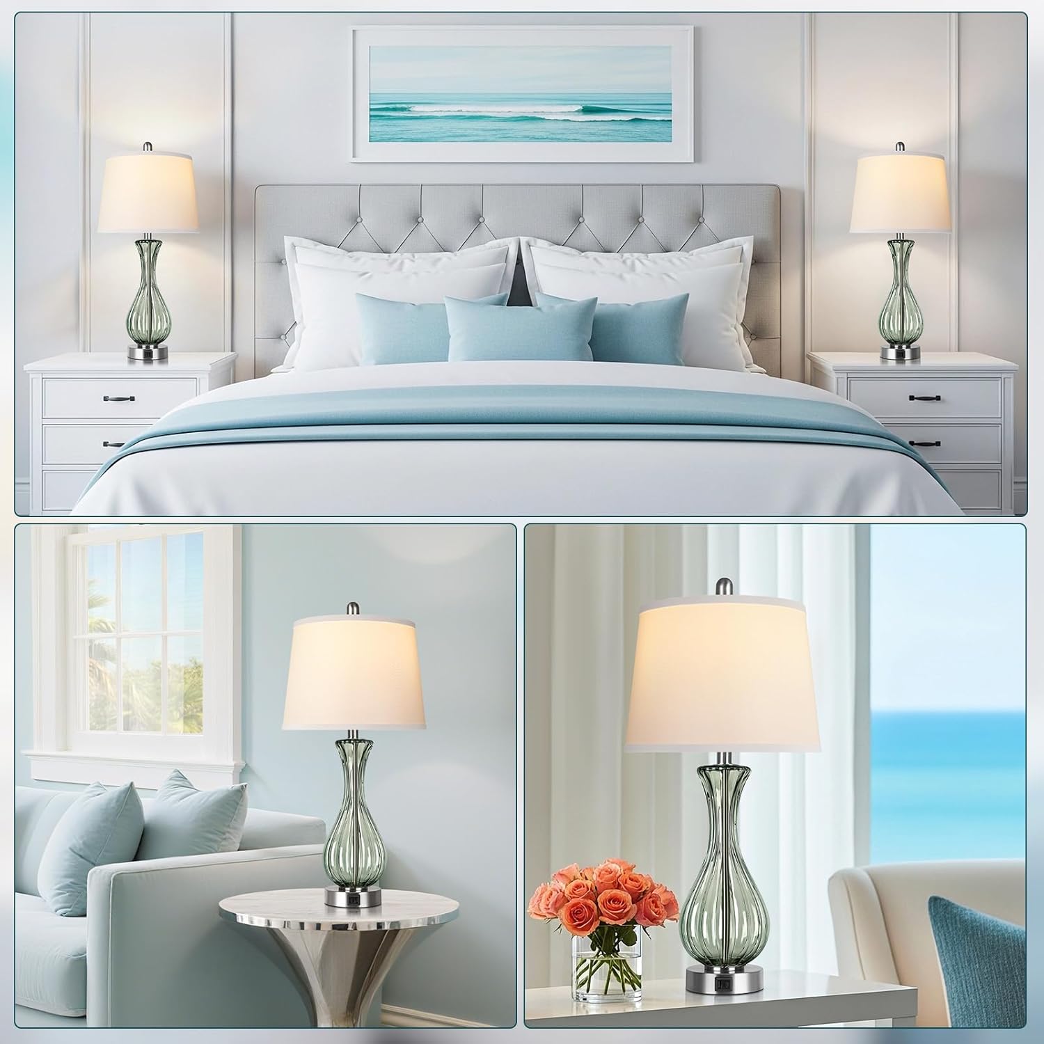 27.5" Coastal Glass Table Lamp Set of 2, 3-way Dimmable Full Touch Control Beach Lamp with USB A+C Port, Glass Nautical Bedside Lamp with White Shade for Living Room Bedroom(LED Bulbs Included)