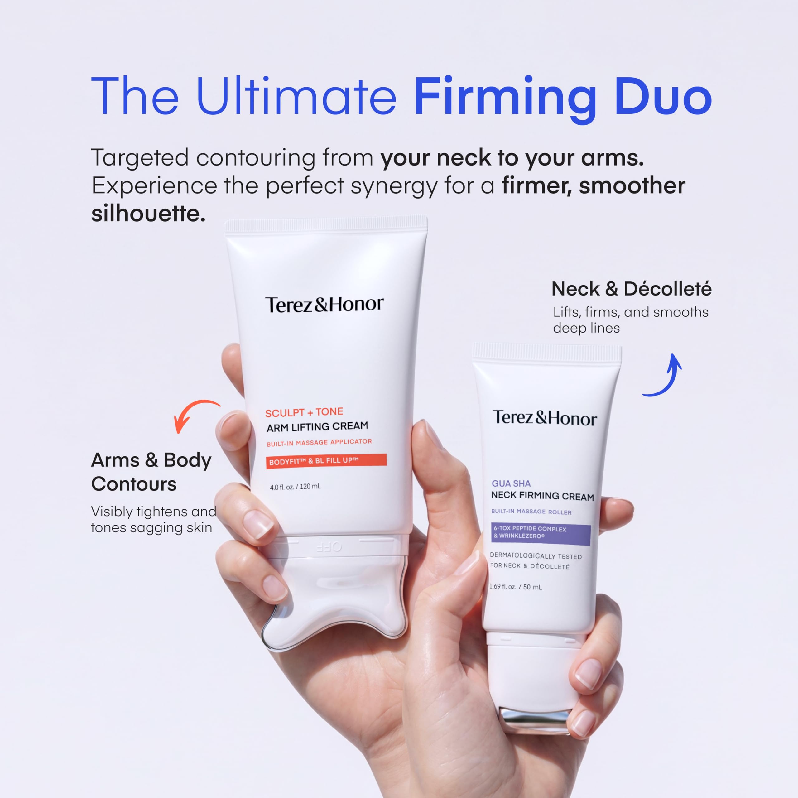 TEREZ & HONOR Gua Sha Neck Firming Cream: Korean Skin Care, Retinol, Collagen & GHK-CU Copper Peptide - Tightening & Lifting for Neck, Face & Décolleté with Built-In Massage Roller 50mL
