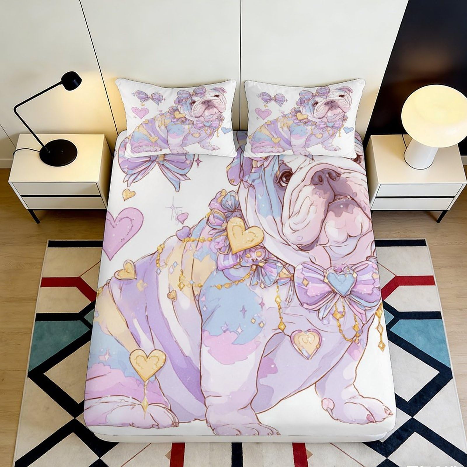 3D Printed Cute Bulldog Fitted Sheet Microfiber Soft Pastel Hearts Bed Sheet for Bedroom Guest Room Dorm Decor 90x200x25cm