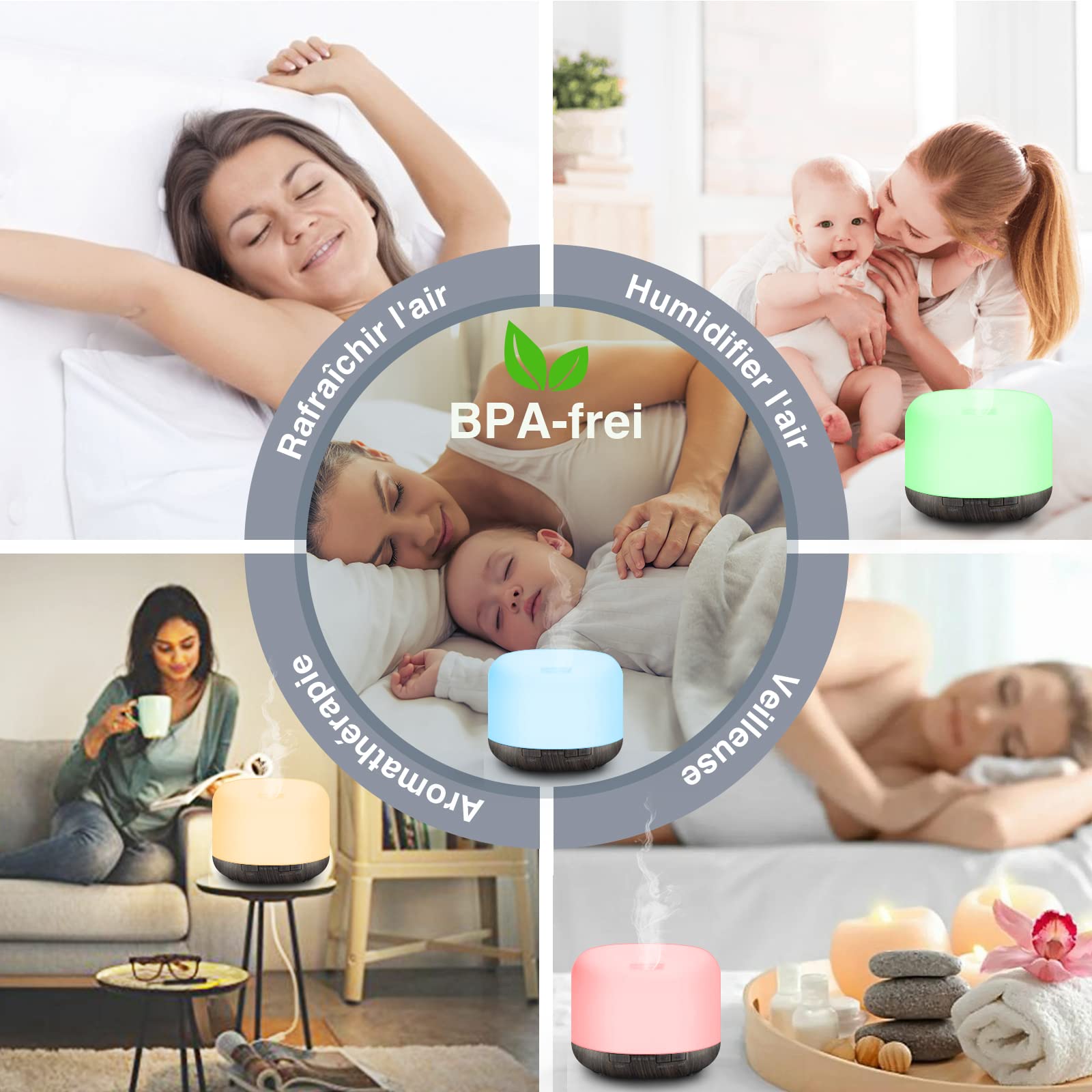 Difusor De Aroma, 500 ML, Ultrasónico, Difusor de Aromaterapia para Aceites Esenciales, Humidificador con Temporizador, Apagado Automático en Estado sin Agua, sin Bpa para Dormitorio, Oficina, SPA