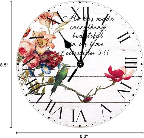 Miniatura 201 de ArogGeld He Made Everything Beautiful - Reloj de pared de PVC con flores rosadas, colibrí, reloj de pared grande con cita y números romanos, reloj