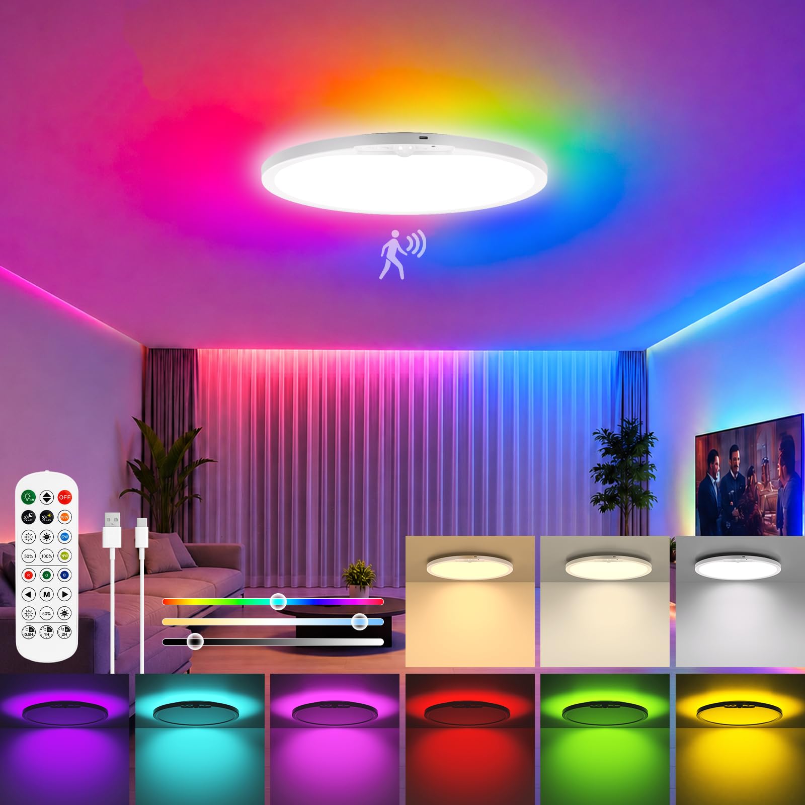 Lampe à batterie avec détecteur de mouvement 10 000 mAh, double source de lumière, 12 RVB arrière et 3 CCT Plafonnier super lumineux avec télécommande de 30 cm, minuteur, plafonnier rechargeable pour