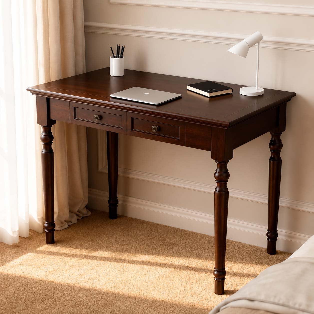 Schreibtisch aus Massivholz mit Schubladen, 120 cm,Walnussfarben | Französischer Landhausstil, ideal für Zuhause, Wohnzimmer, Arbeitszimmer oder Büro