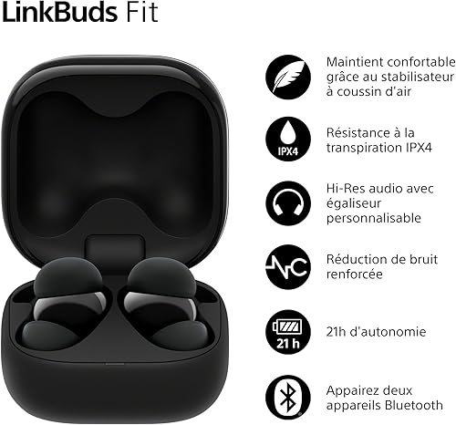 Sony LinkBuds Fit - Ecouteurs Bluetooth sans Fil à réduction de Bruit - Confortables, IPX4, Hi-Res Audio, Mode Ambient Sound, 21h d'autonomie, Connexion multipoint, iOS et Android - Noir - 2