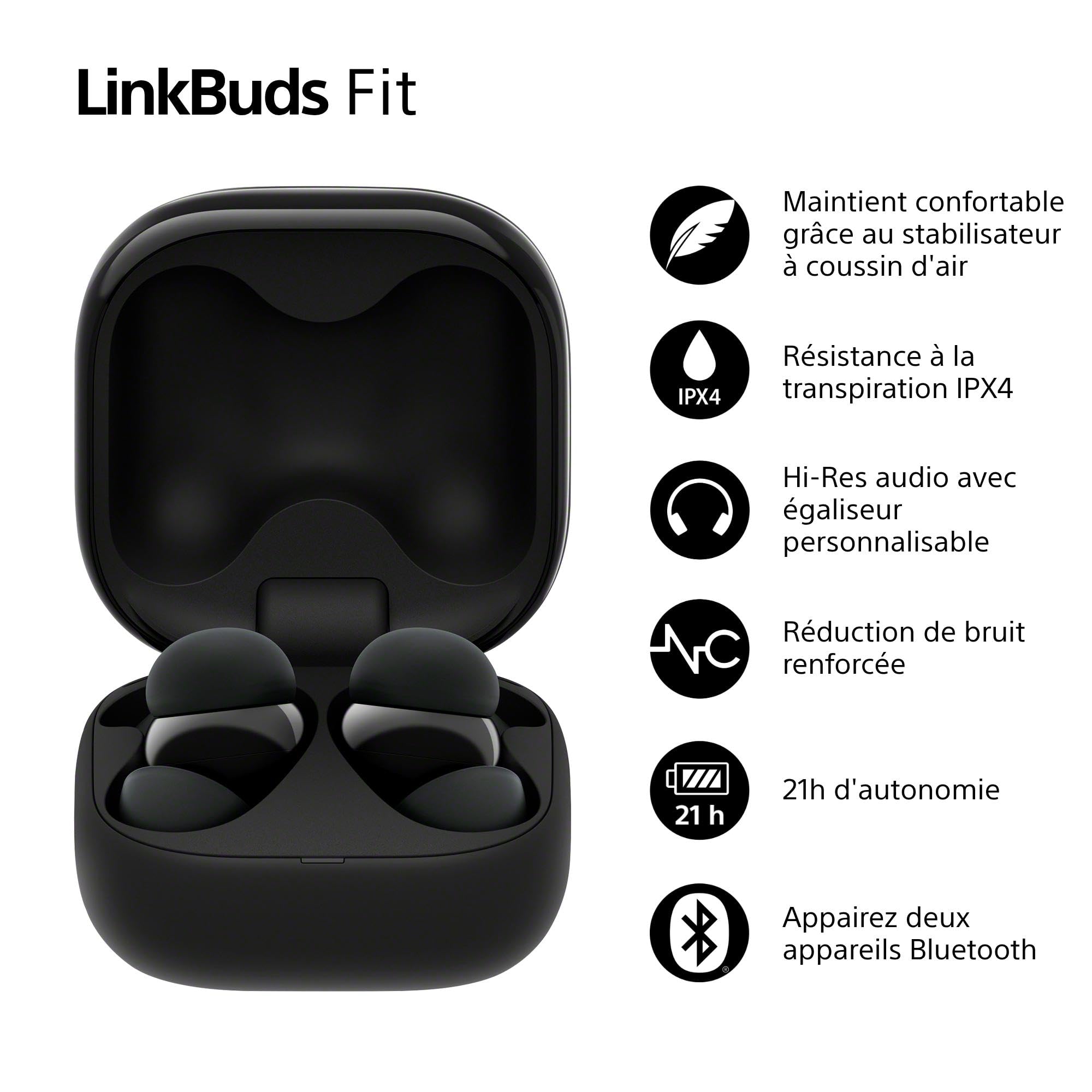 Sony LinkBuds Fit - Ecouteurs Bluetooth sans Fil à réduction de Bruit - Confortables, IPX4, Hi-Res Audio, Mode Ambient Sound, 21h d'autonomie, Connexion multipoint, iOS et Android - Noir