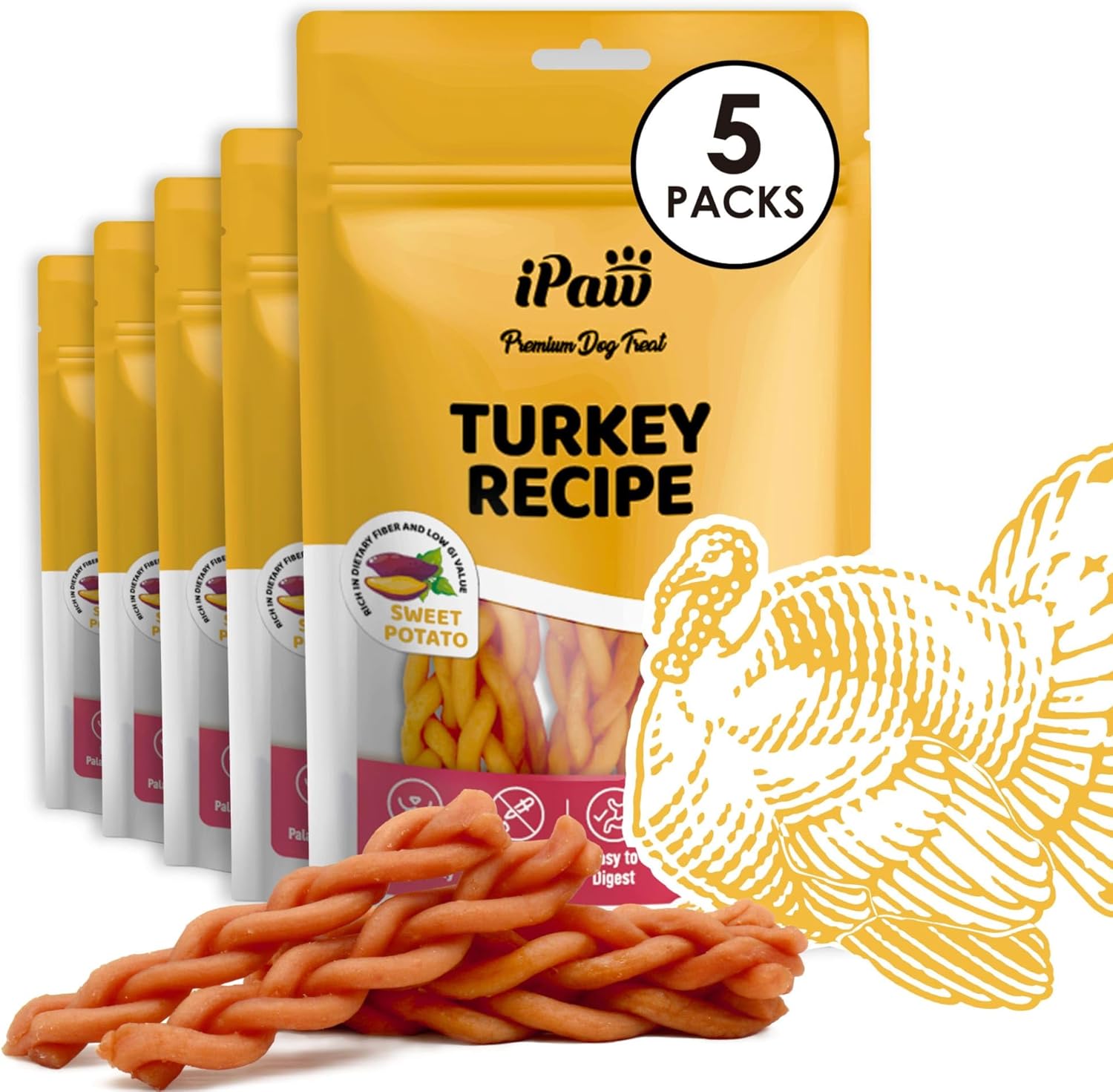 iPaw 5 Stock-Up Combo Turkey Dog Treats, All Natural Human Grade Dog Treat, Suitable for Training chew, Hypoallergenic, Rawhide Alternative,Braided Stick (Sweet Potato)