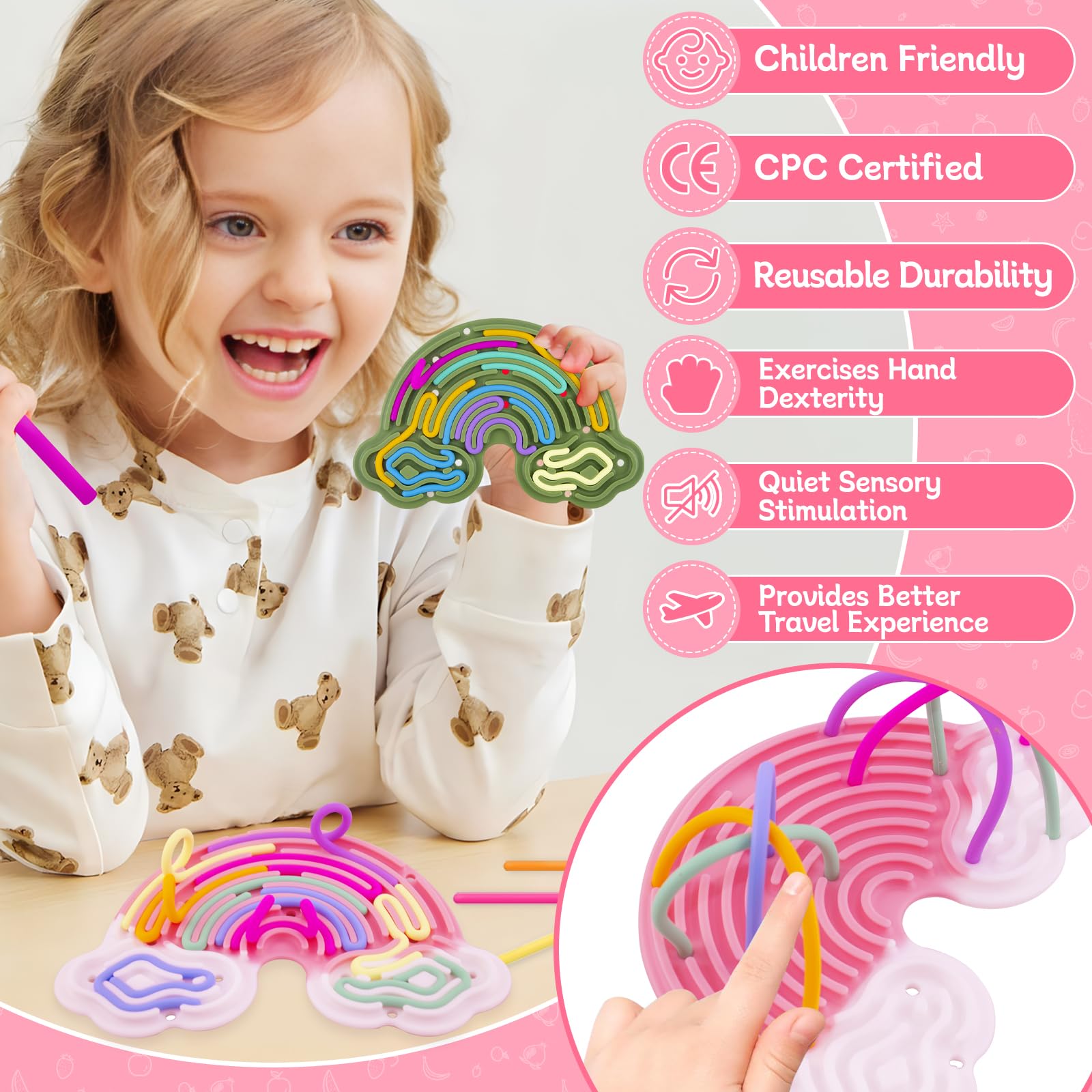 BMSQOFD 2 Pcs Sensory Activity Board Silicone Fidget Toy,Double Sided Rainbow Sensory Toys for Autism Stress Anxiety,ADHD,Kids Toddler Boys Girls 3+Adults with Travel Bag 24 Strings (Green&Pink) - Image 3