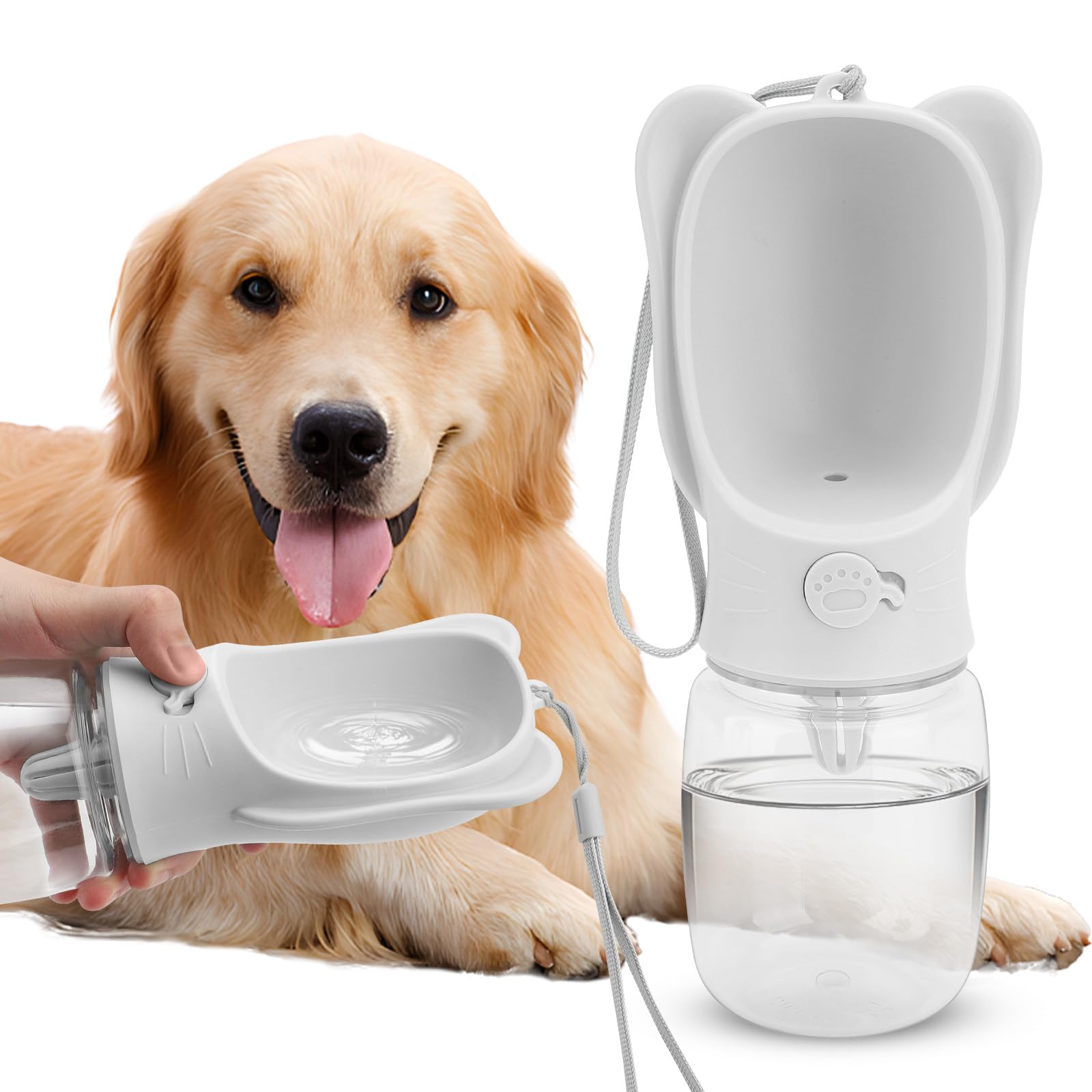 Portable Dogs Water Bottle with Food Storage Container, Leakproof Drinking Water Dispenser Feeder for Outdoor Dog Stuff Accessories Items for Cats, Puppy,for Walking, Hiking (White, 350ml)